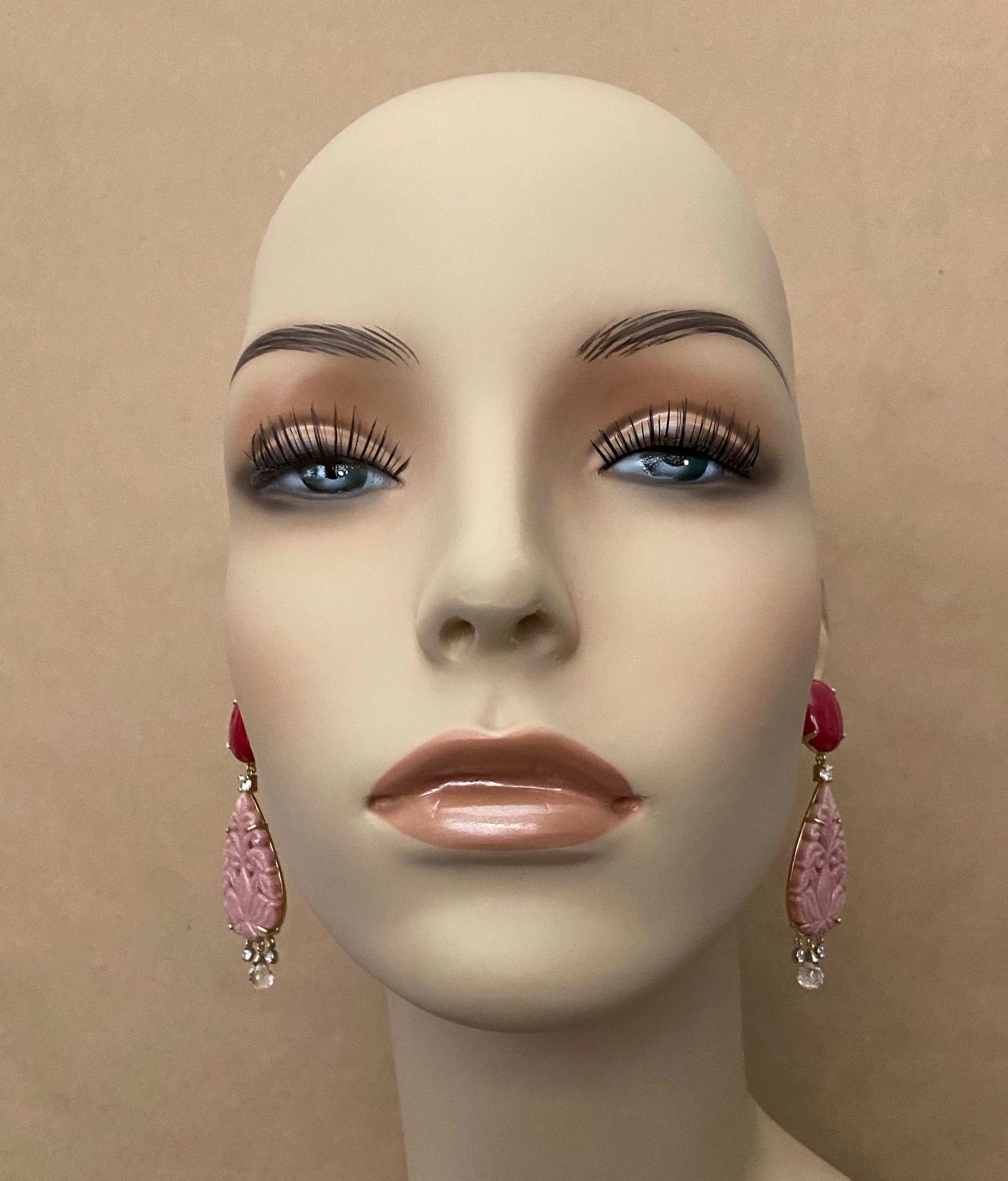 Mixed Cut Michael Kneebone Red Coral Diamond Rock Crystal Rosaline Dangle Earrings For Sale