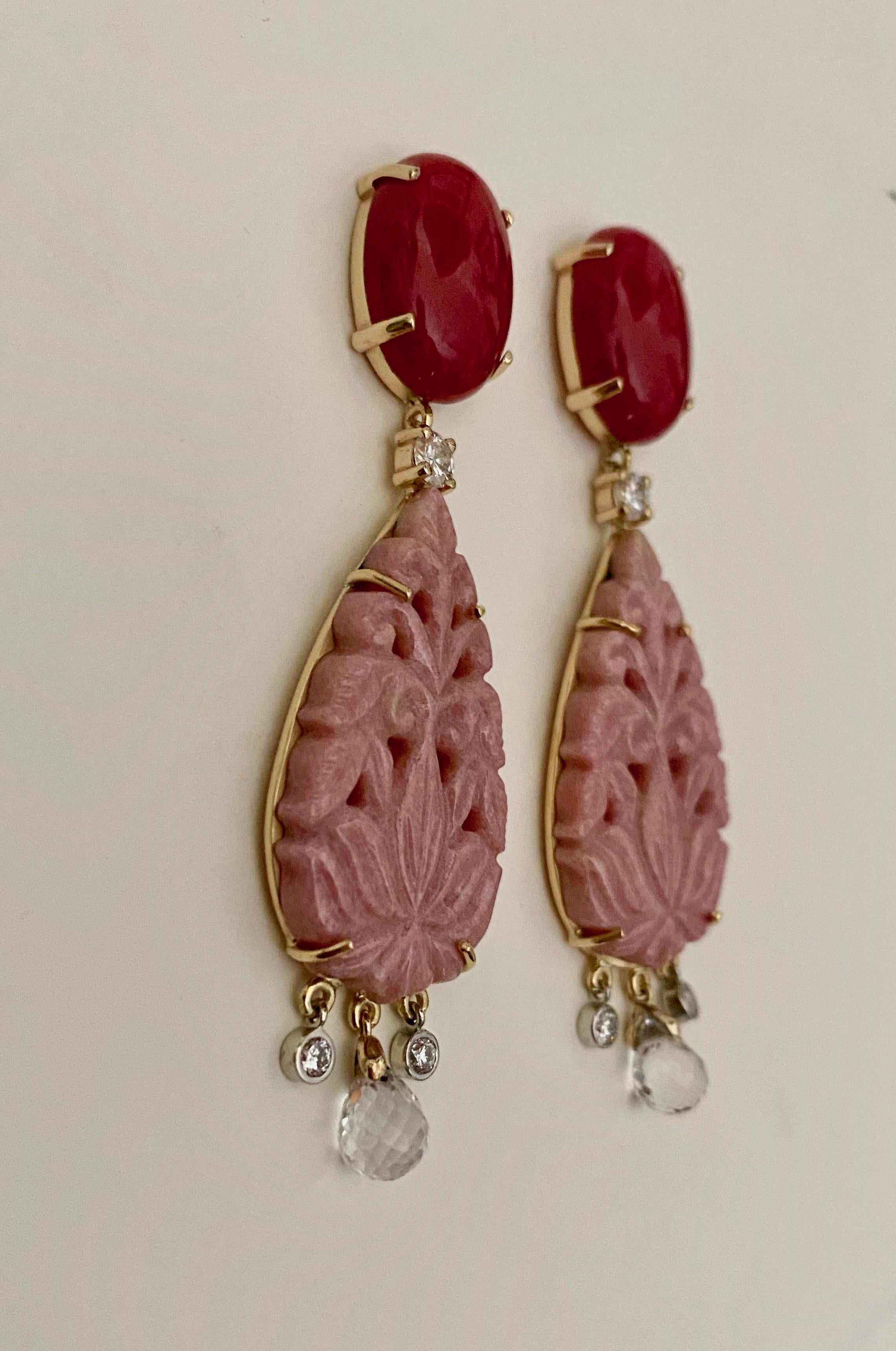 Michael Kneebone Red Coral Diamond Rock Crystal Rosaline Dangle Earrings In New Condition For Sale In Austin, TX