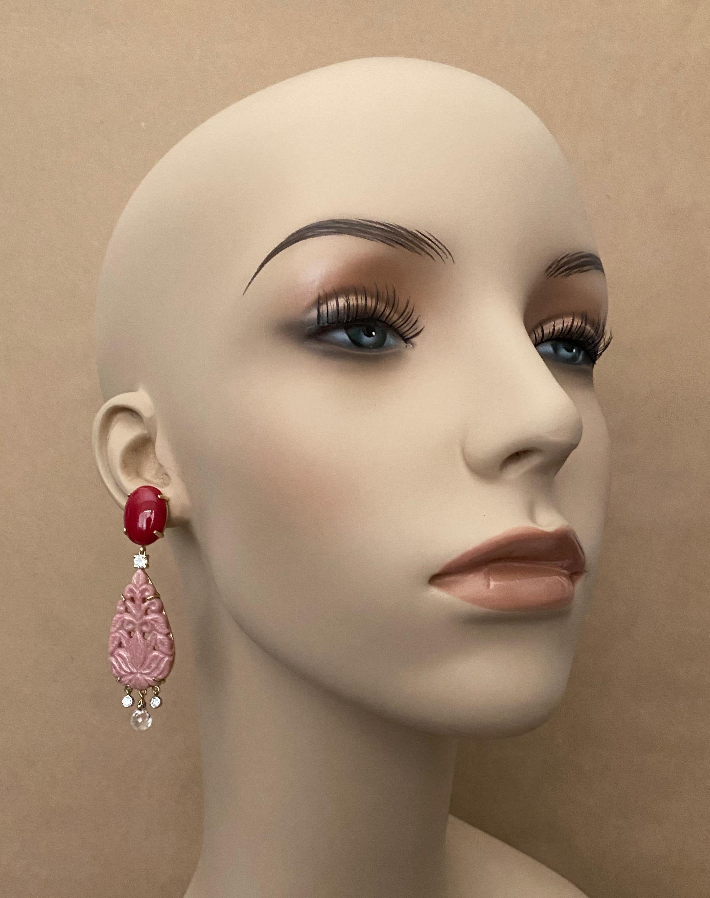 Michael Kneebone Red Coral Diamond Rock Crystal Rosaline Dangle Earrings For Sale 1