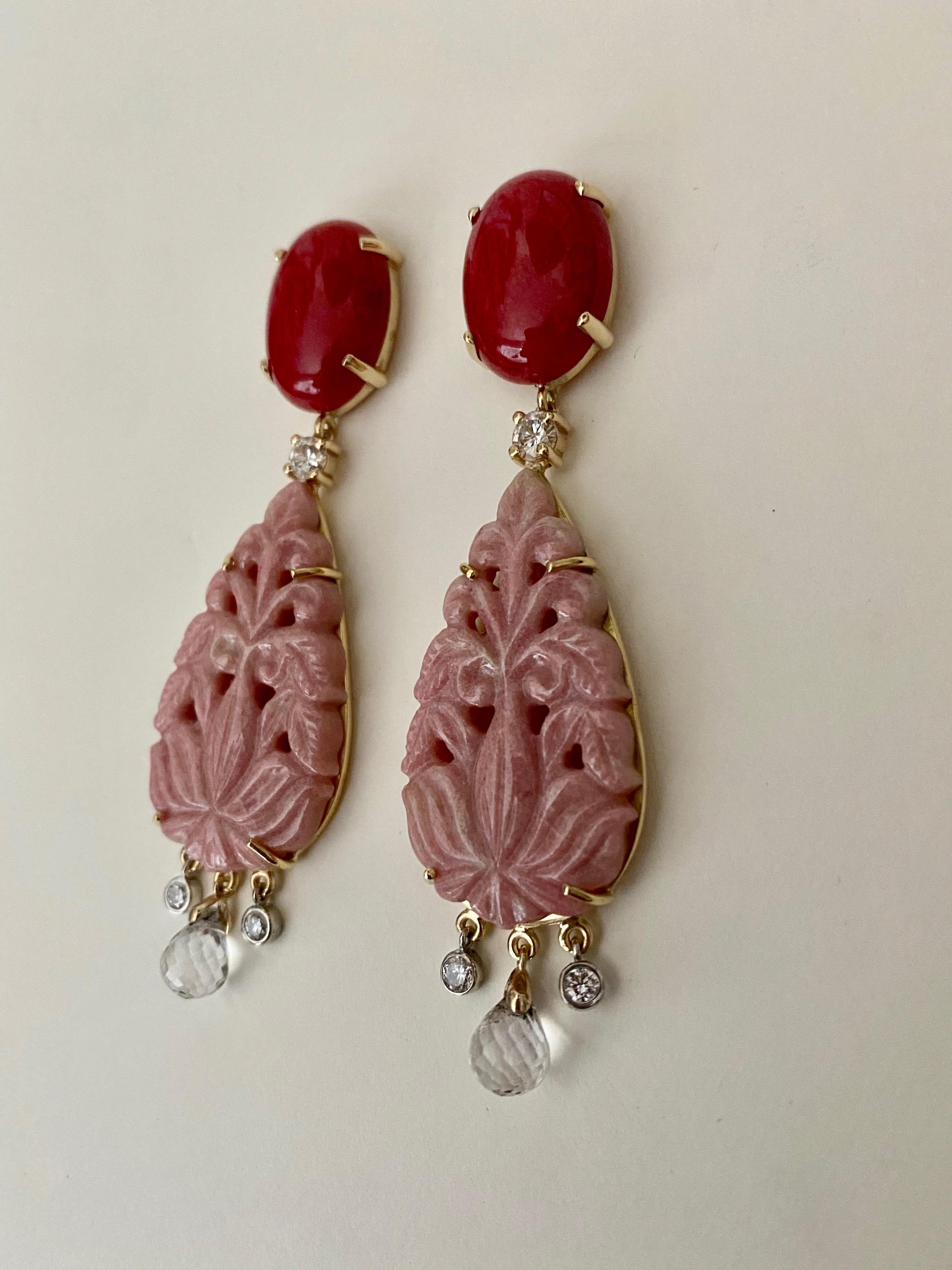 Michael Kneebone Red Coral Diamond Rock Crystal Rosaline Dangle Earrings For Sale 1