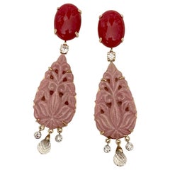 Michael Kneebone Red Coral Diamond Rock Crystal Rosaline Dangle Earrings