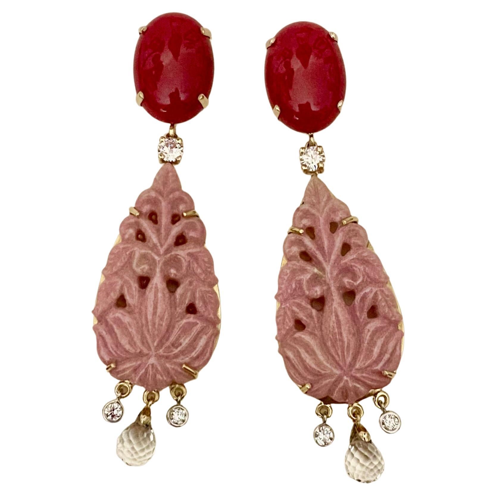 Michael Kneebone Red Coral Diamond Rock Crystal Rosaline Dangle Earrings For Sale