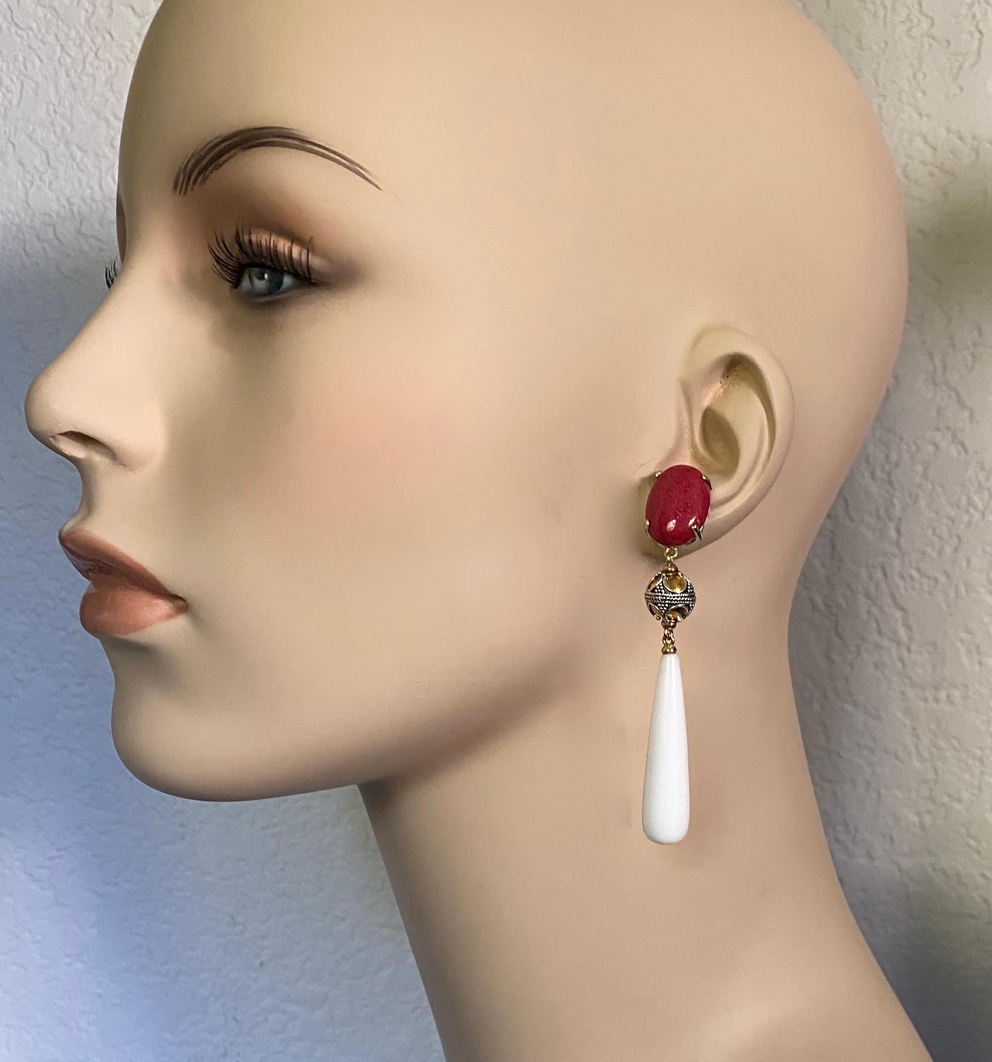 Michael Kneebone Red coral Granulated Bead White Chalcedony Dangle Earrings For Sale 4