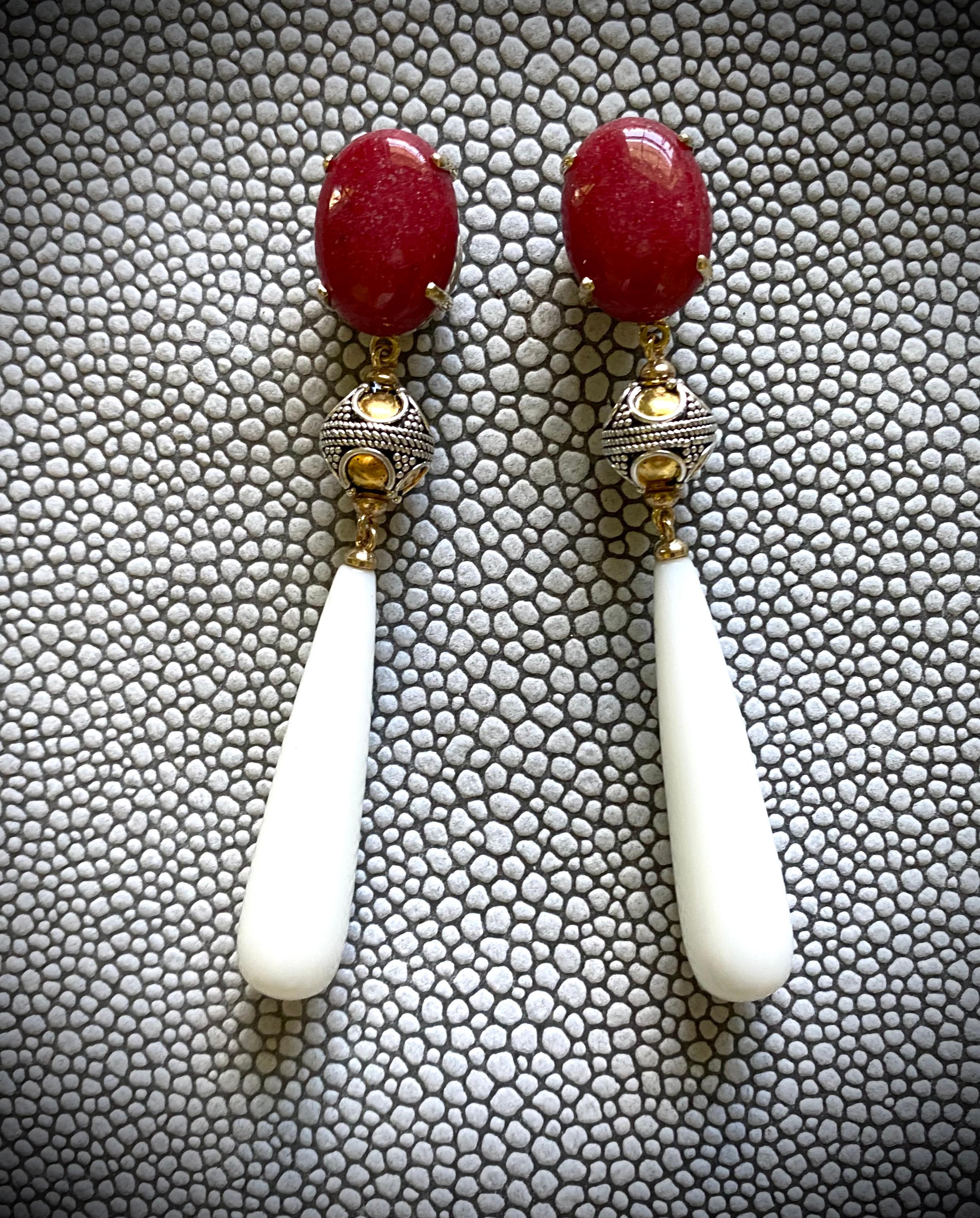 Contemporary Michael Kneebone Red coral Granulated Bead White Chalcedony Dangle Earrings For Sale