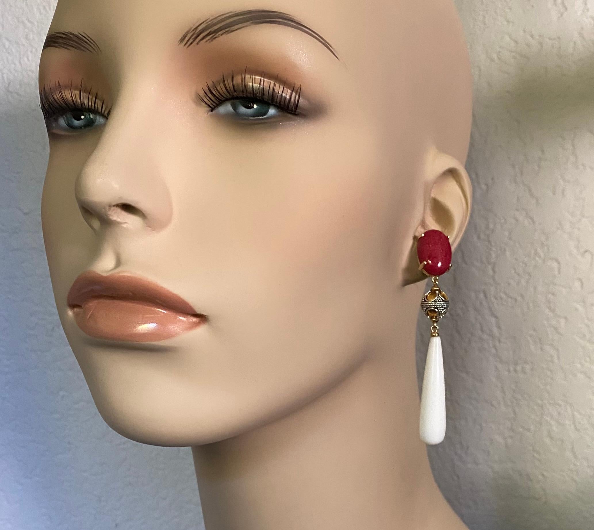 Mixed Cut Michael Kneebone Red coral Granulated Bead White Chalcedony Dangle Earrings For Sale