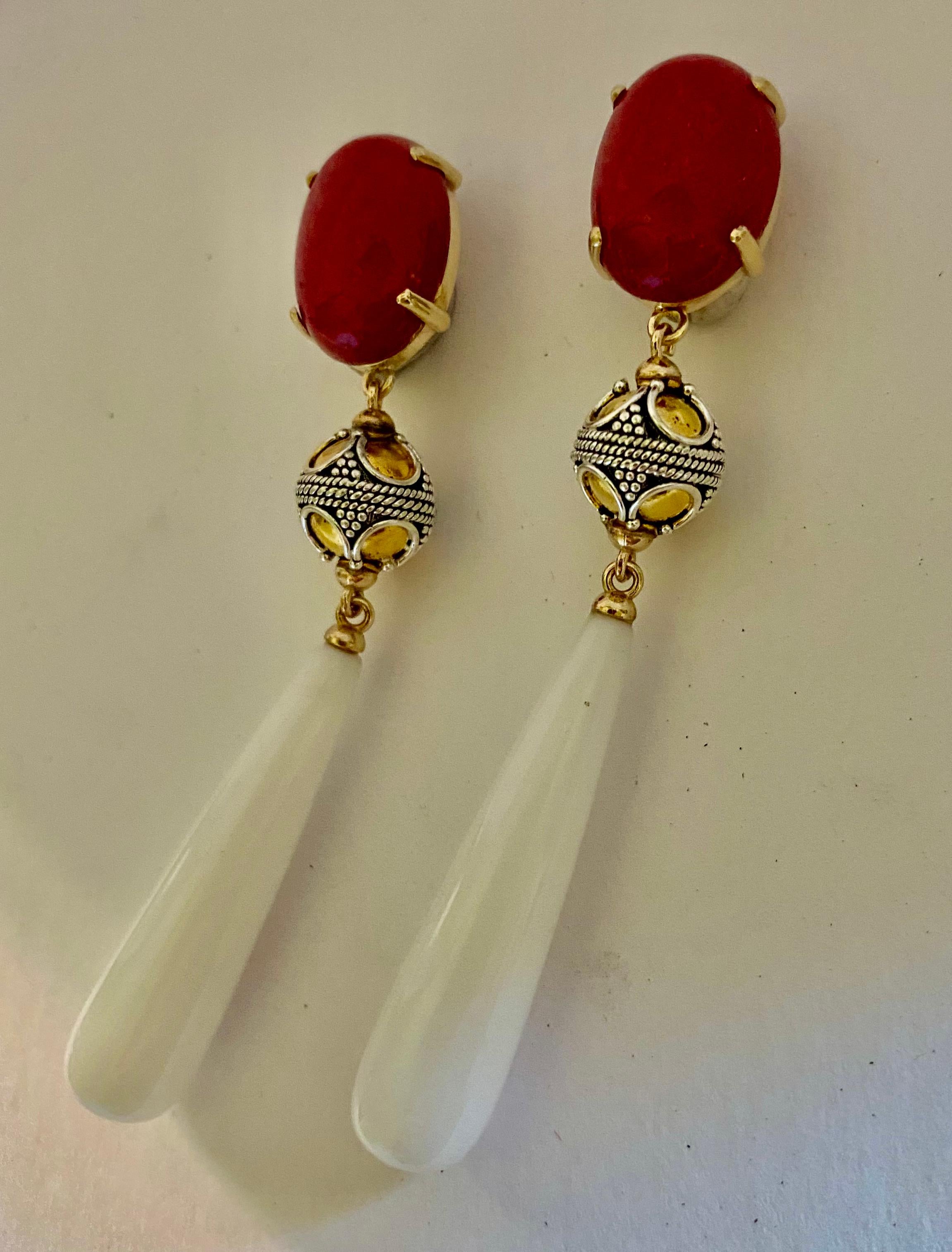 Michael Kneebone Red coral Granulated Bead White Chalcedony Dangle Earrings For Sale 1