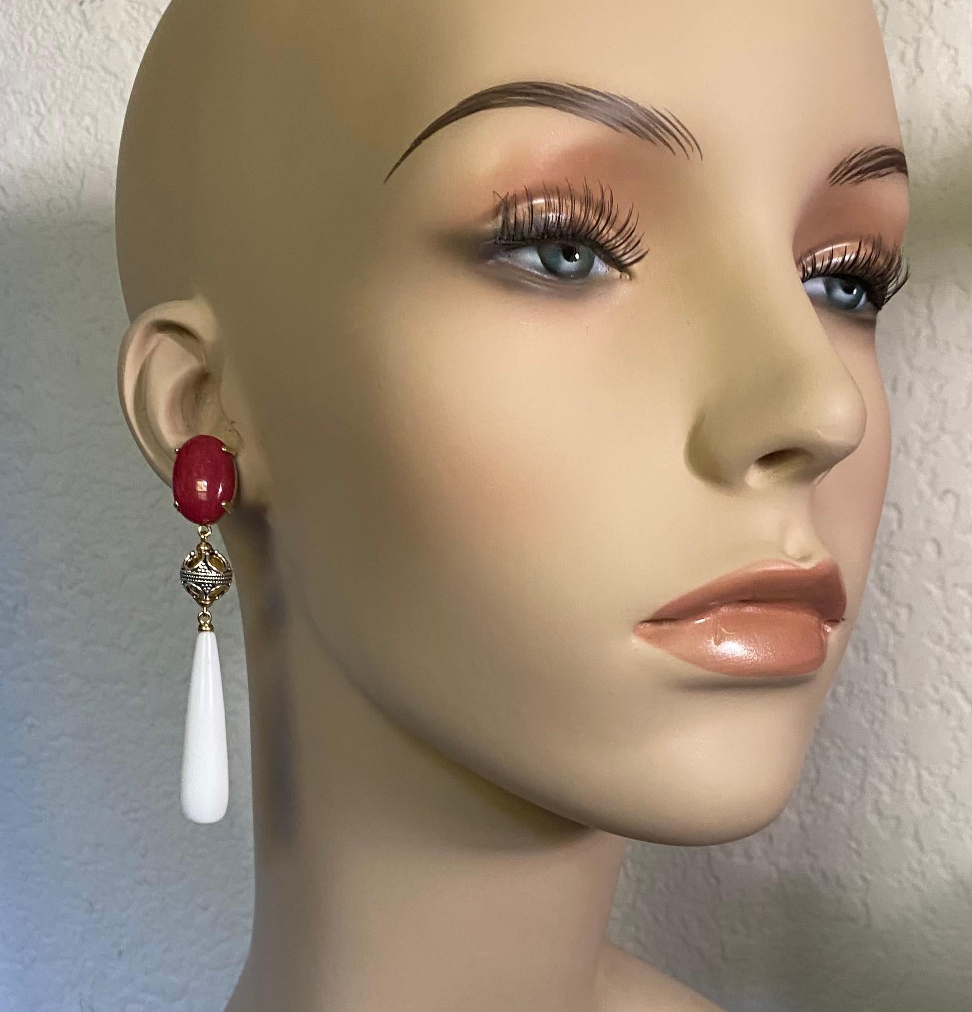 Michael Kneebone Red coral Granulated Bead White Chalcedony Dangle Earrings For Sale 2