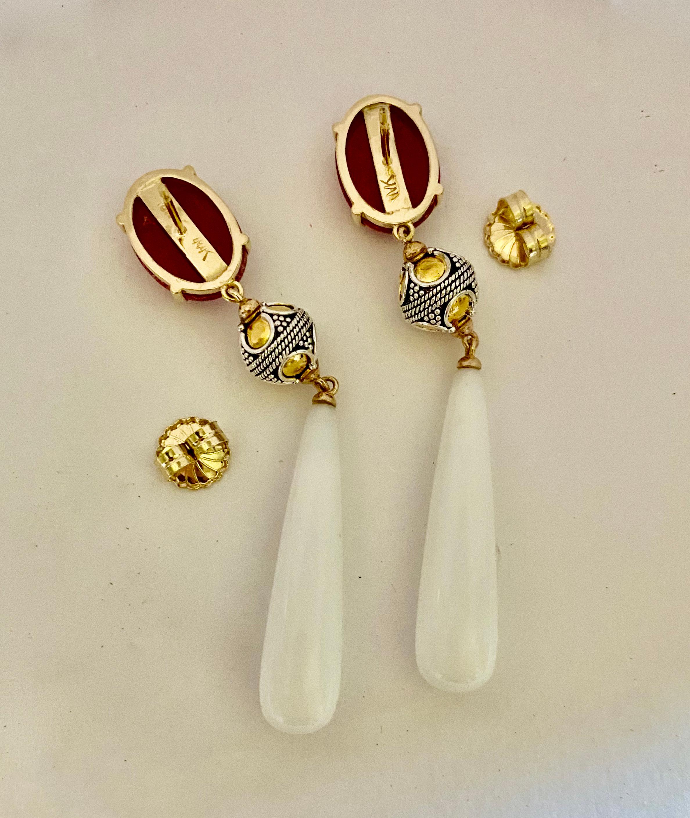 Michael Kneebone Red coral Granulated Bead White Chalcedony Dangle Earrings For Sale 3