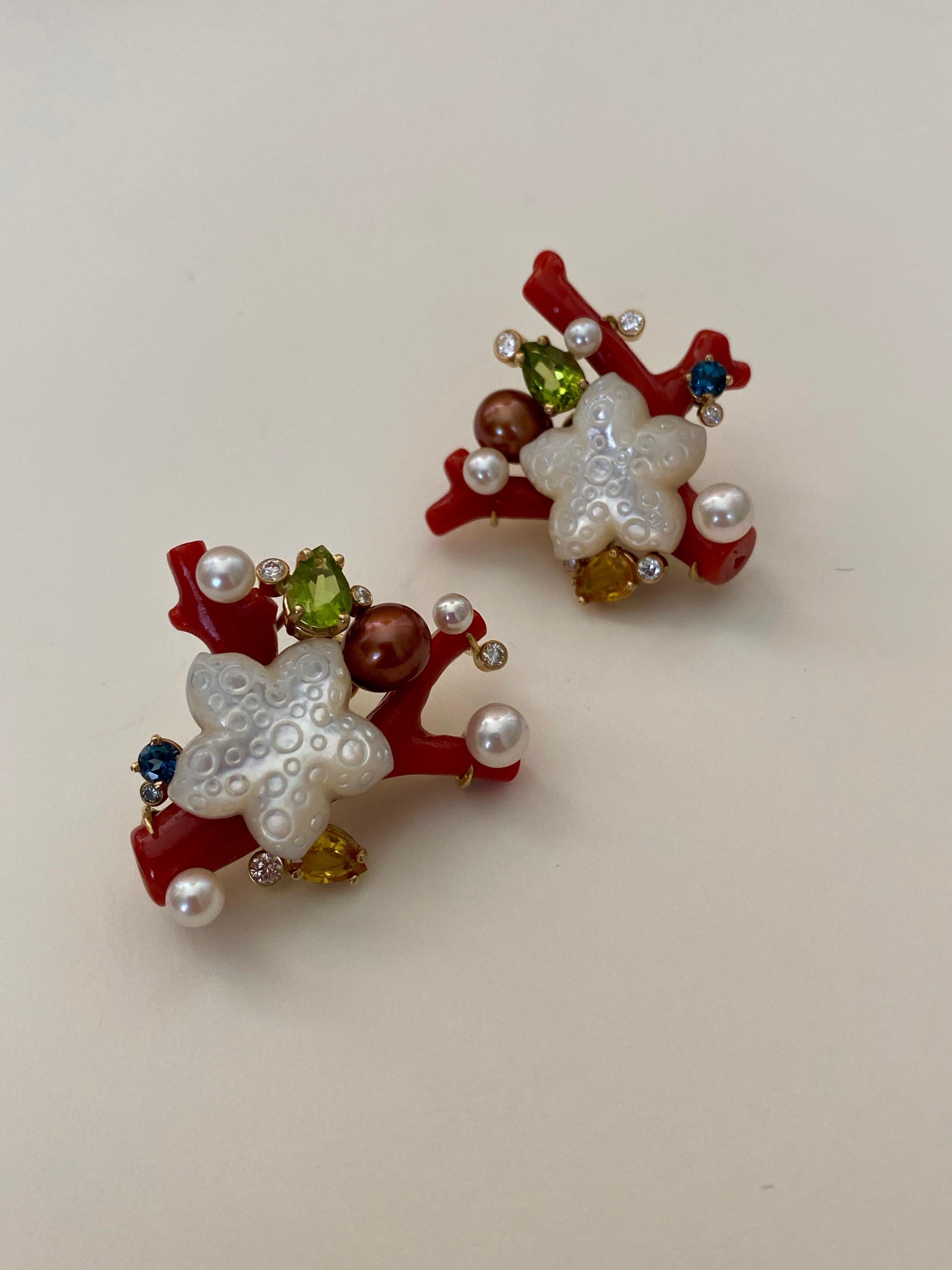 Michael Kneebone Red Coral Multi-Gemstone Diamond Sea Life Earrings 5