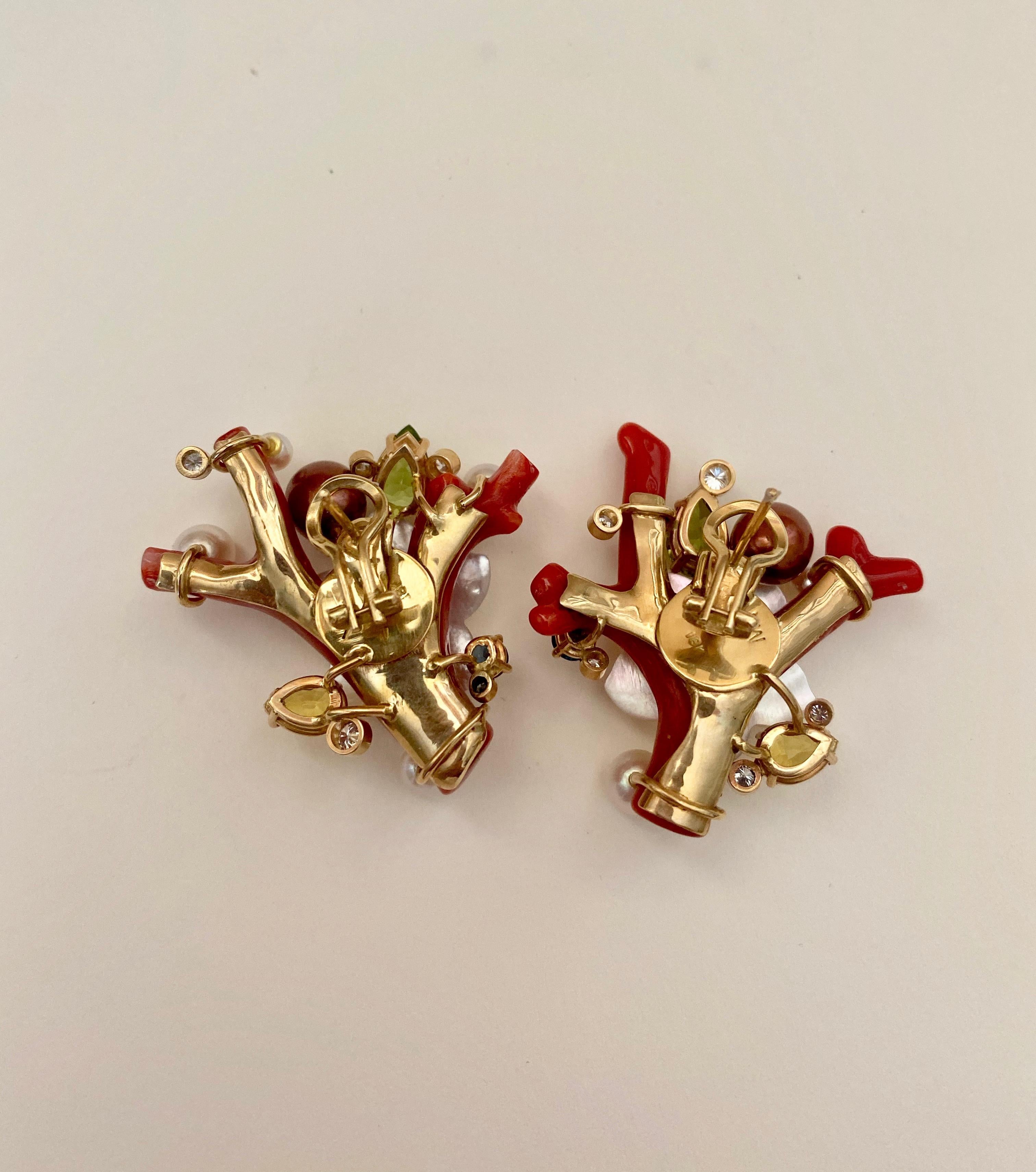 Michael Kneebone Red Coral Multi-Gemstone Diamond Sea Life Earrings 2