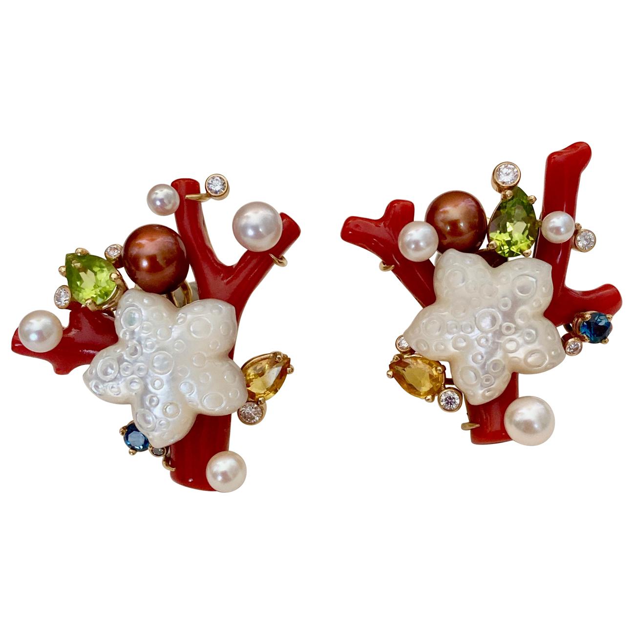 Michael Kneebone Red Coral Multi-Gemstone Diamond Sea Life Earrings