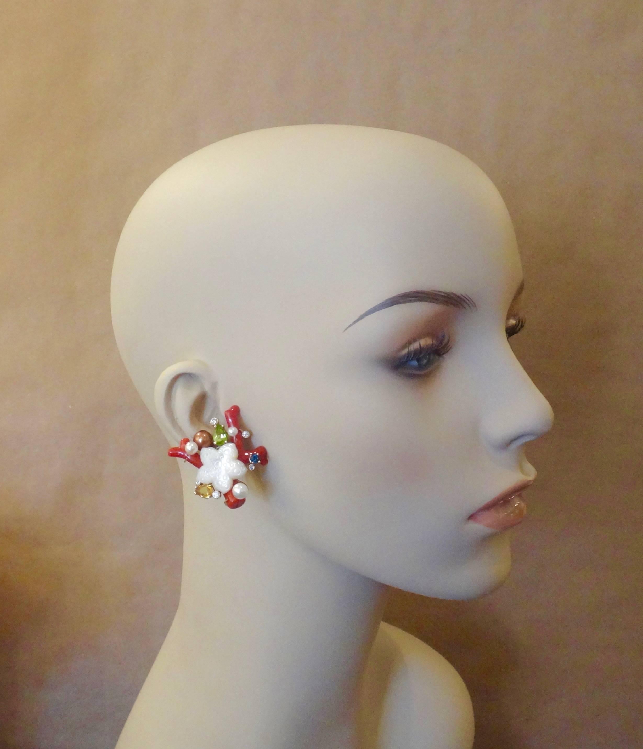Michael Kneebone Red Coral Peridot Sapphire Diamond Pearl Sealife Earrings 4