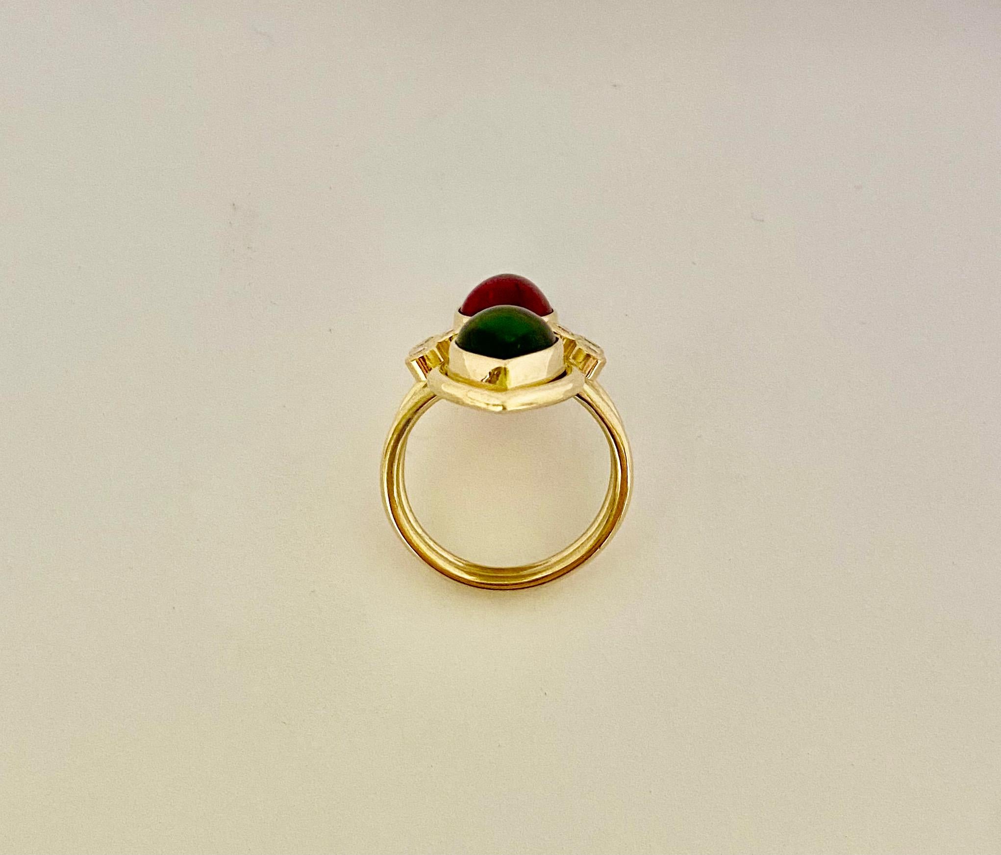 Michael Kneebone Red Green Tourmaline Diamond Archaic Style Two Stone Ring For Sale 4