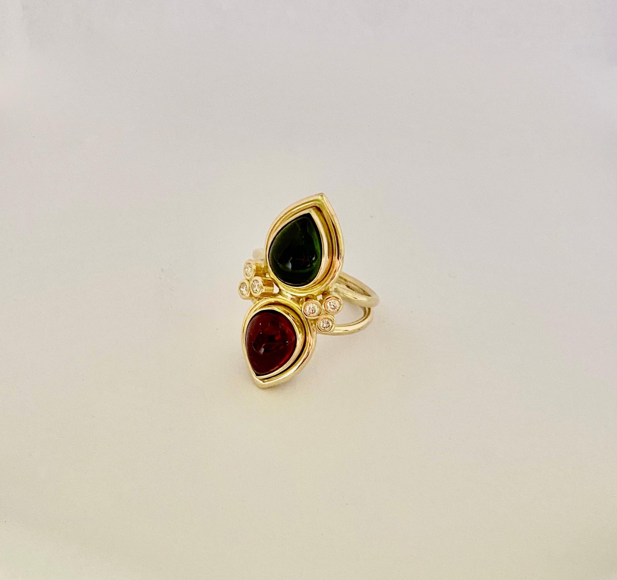 Michael Kneebone Rojo Verde Turmalina Diamante Anillo Dos Piedras Estilo Arcaico en Nuevo estado para la venta en Austin, TX