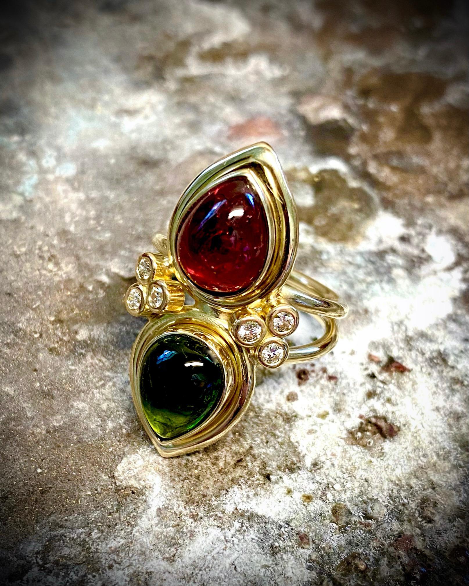 Mixed Cut Michael Kneebone Red Green Tourmaline Diamond Archaic Style Two Stone Ring For Sale