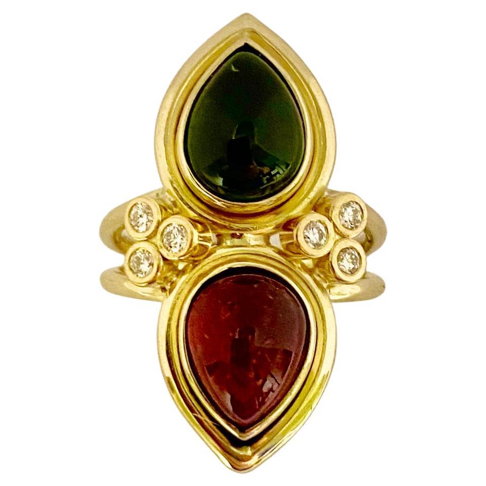 Michael Kneebone Red Green Tourmaline Diamond Archaic Style Two Stone Ring (Zeitgenössisch) im Angebot