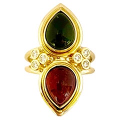 Michael Kneebone Red Green Tourmaline Diamond Archaic Style Two Stone Ring