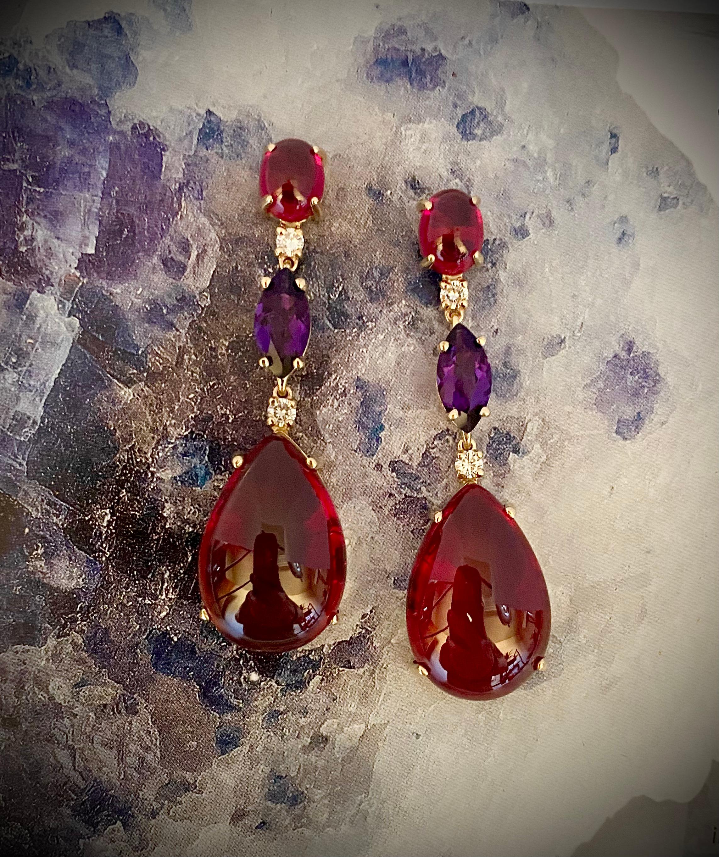 Contemporary Michael Kneebone Rhodolite Garnet Amethyst Diamond Red Topaz Dangle Earrings For Sale