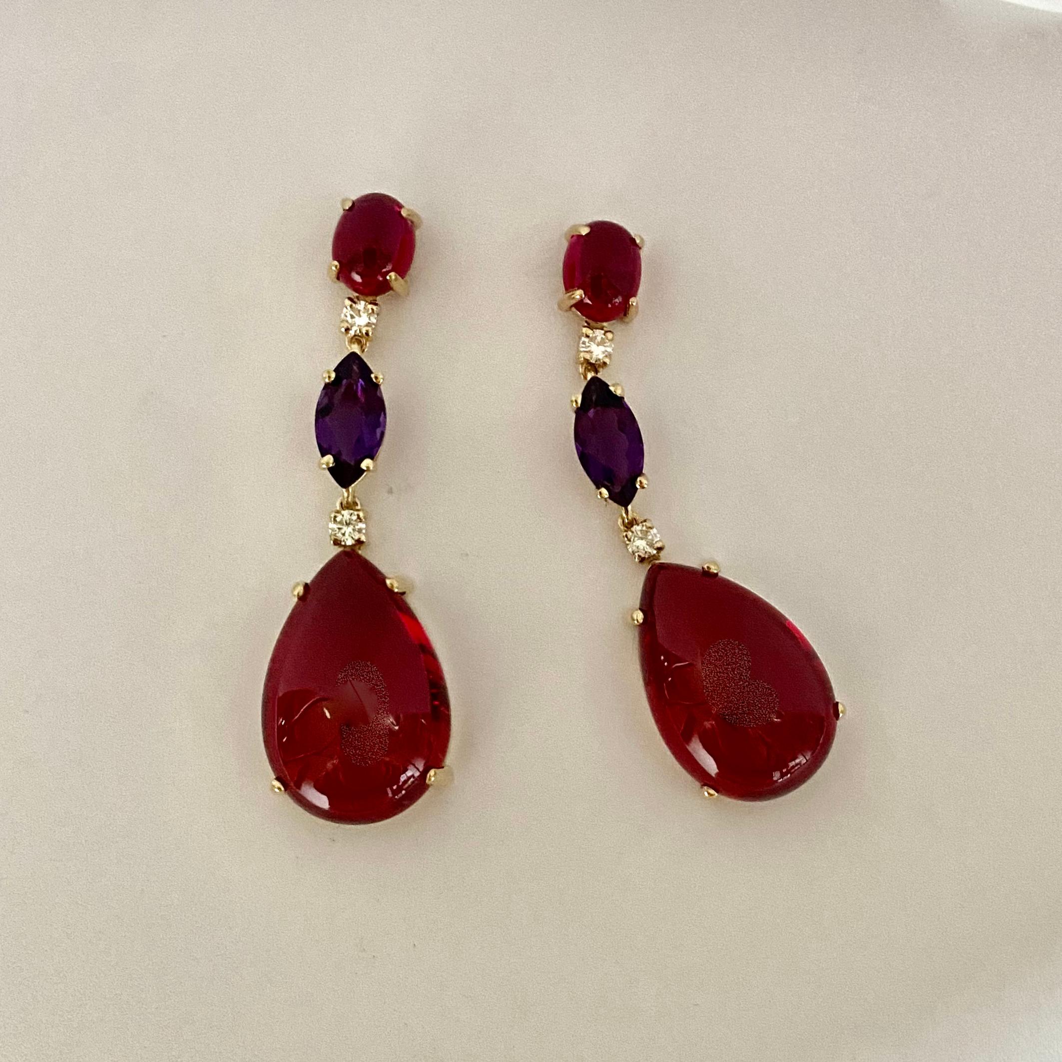 Michael Kneebone Rhodolite Garnet Amethyst Diamond Red Topaz Dangle Earrings In New Condition For Sale In Austin, TX