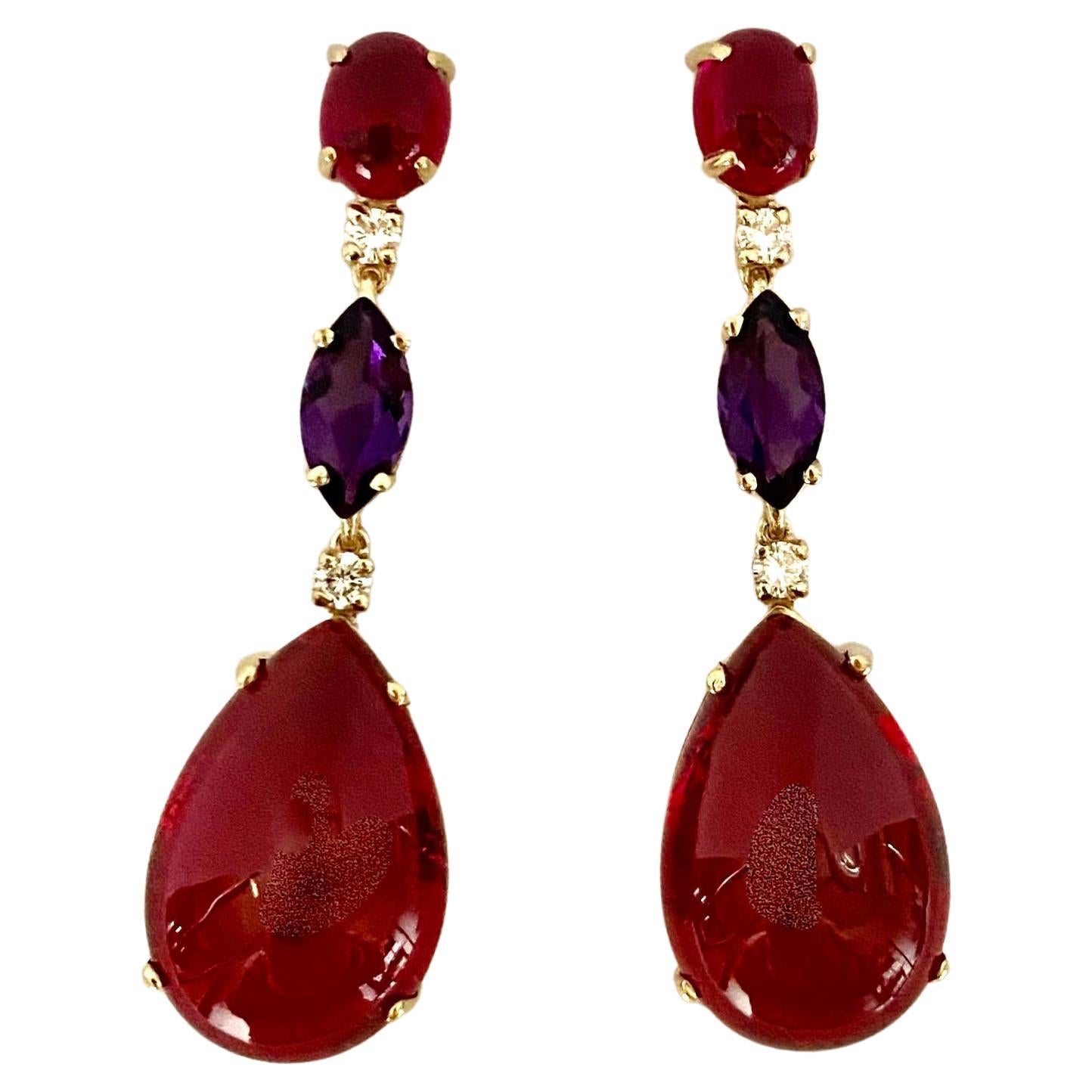 Michael Kneebone Rhodolite Garnet Amethyst Diamond Red Topaz Dangle Earrings For Sale