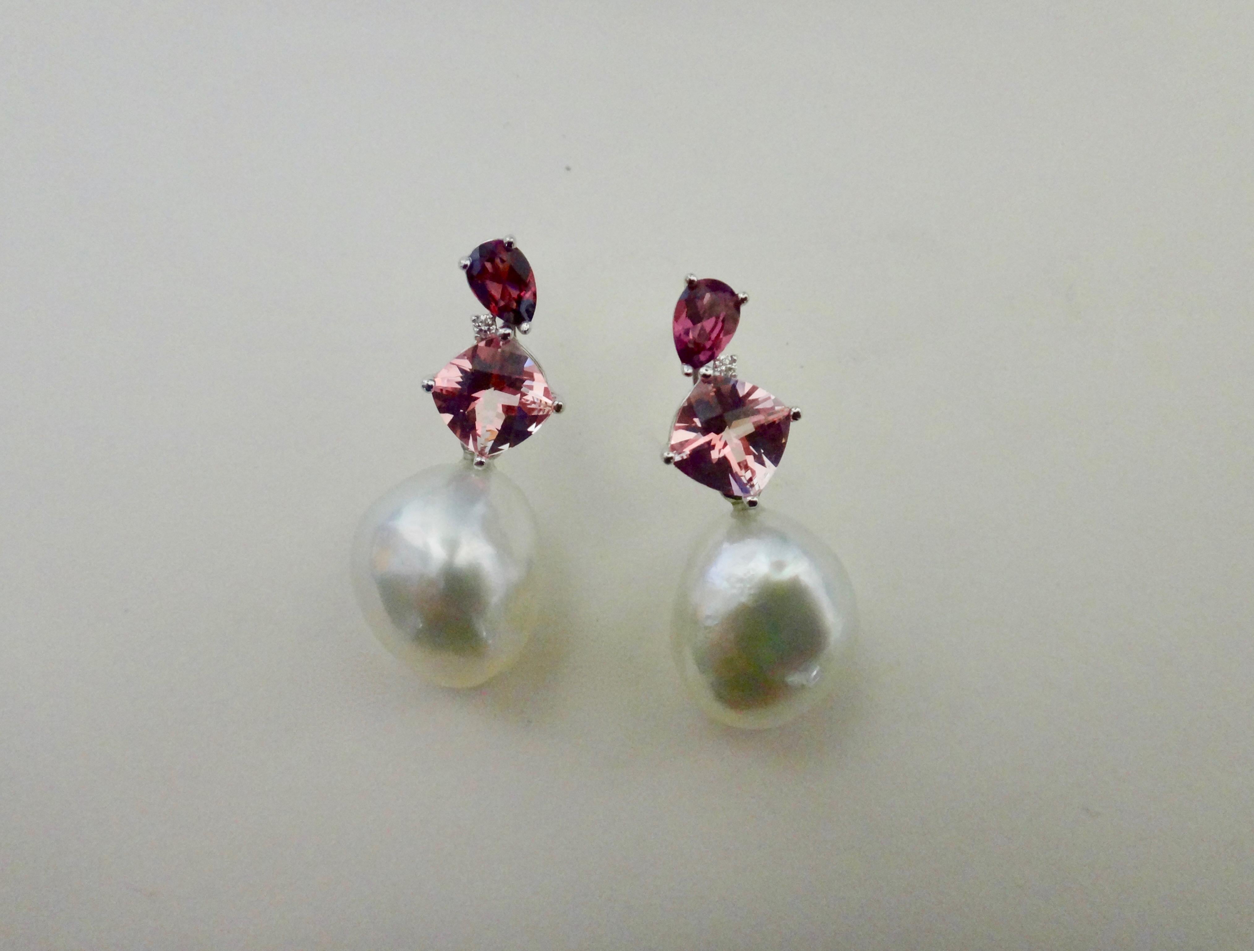 Contemporary Michael Kneebone Rhodolite Tourmaline Diamond South Seas Pearl Drop Earrings