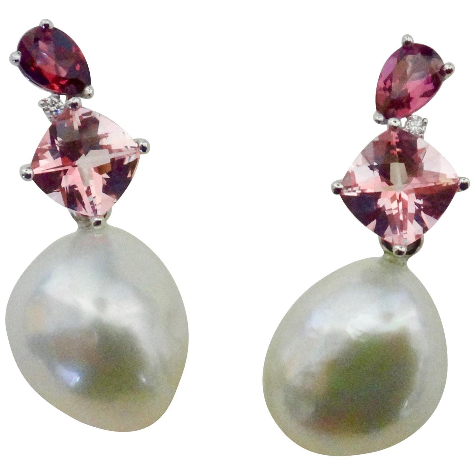 Michael Kneebone Rhodolite Tourmaline Diamond South Seas Pearl Drop Earrings