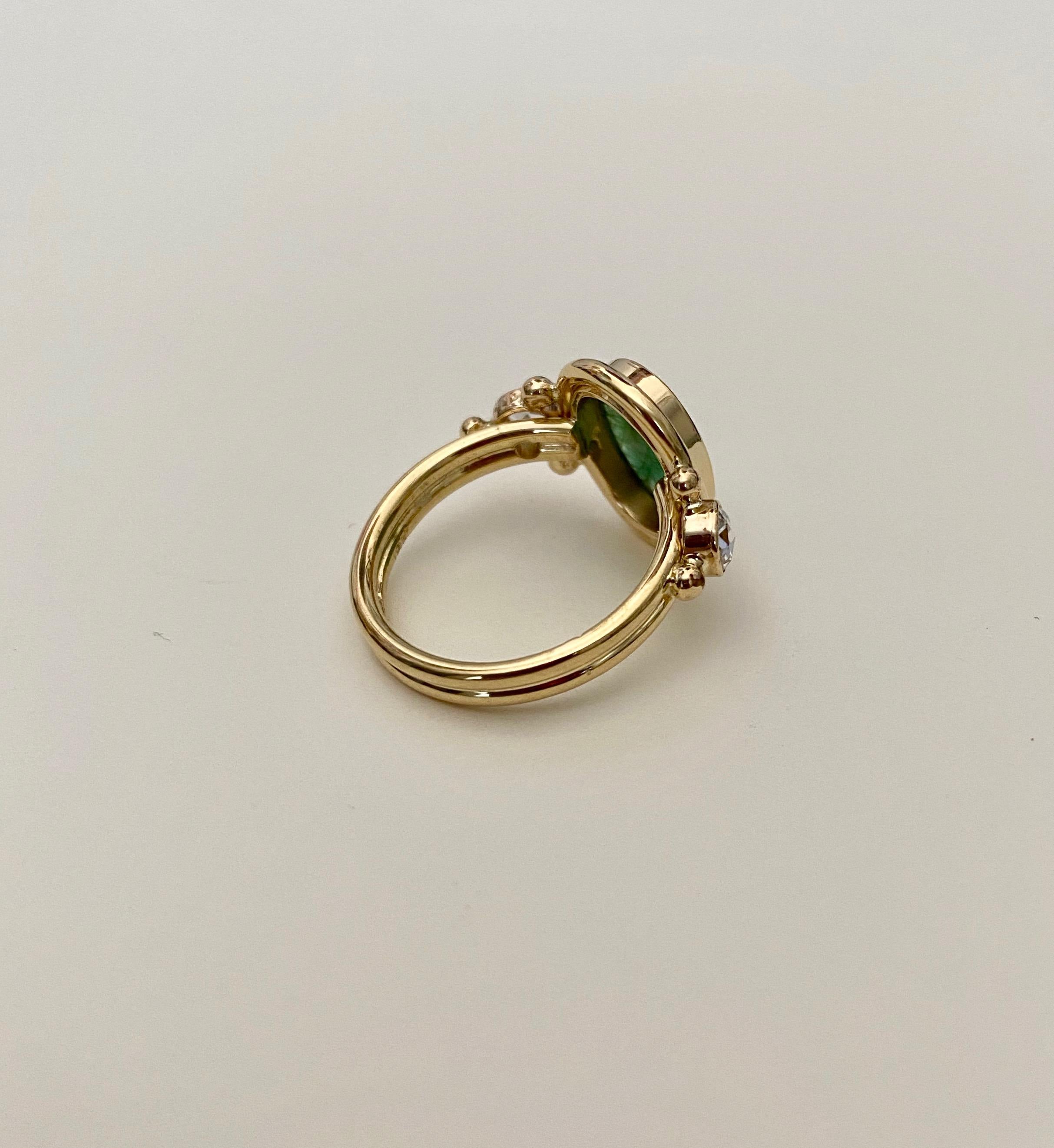 Women's or Men's Michael Kneebone Rose Cut Emerald Rose Cut Diamond Archaic Style Cocktail Ring