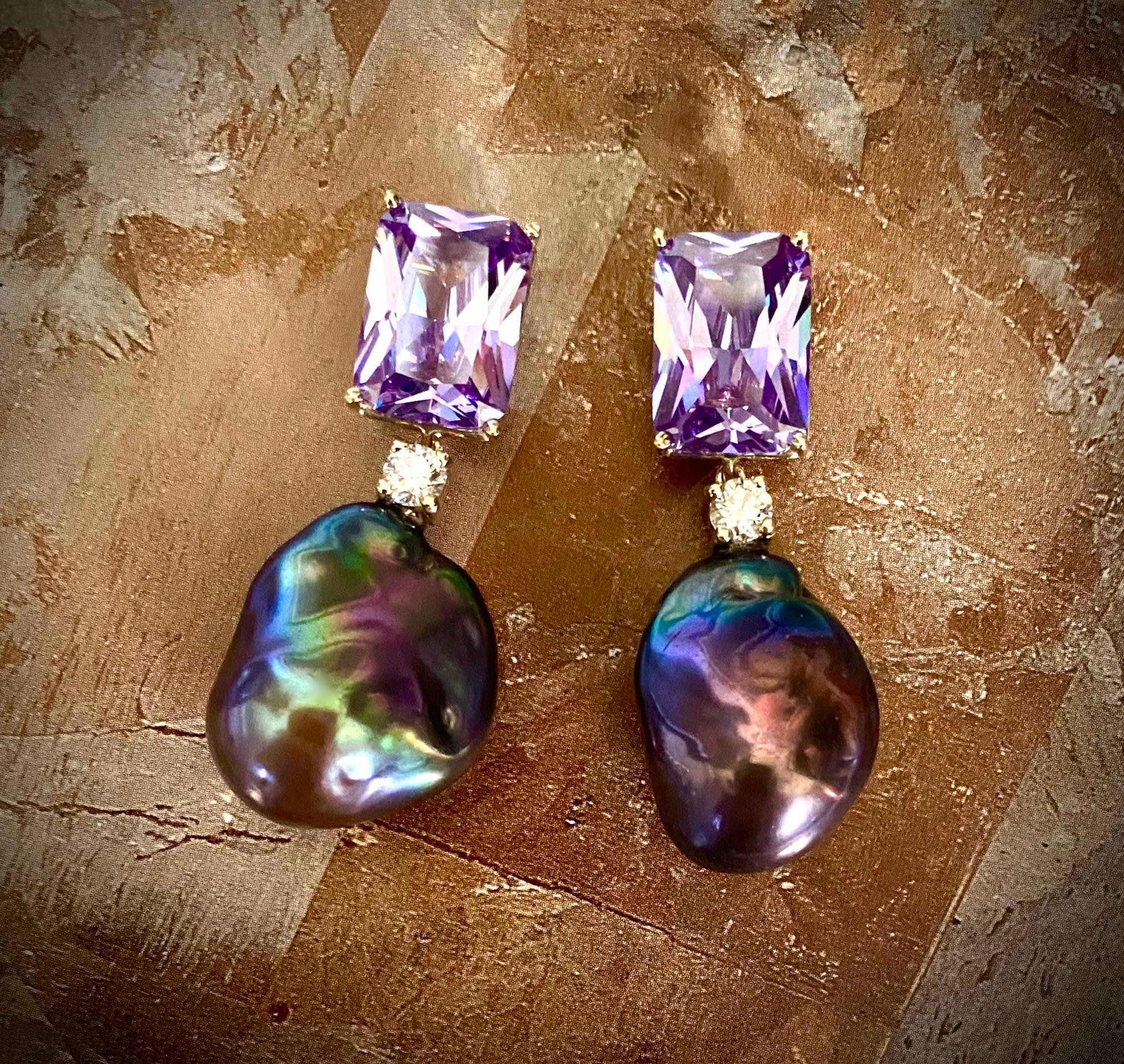 Contemporary Michael Kneebone Rose de France Amethyst Black Baroque Pearl Dangle Earrings For Sale
