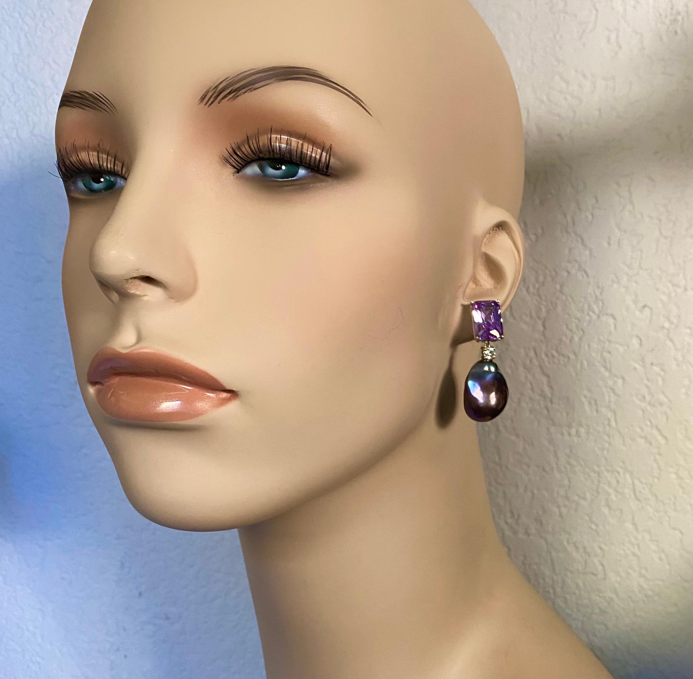 Mixed Cut Michael Kneebone Rose de France Amethyst Black Baroque Pearl Dangle Earrings For Sale