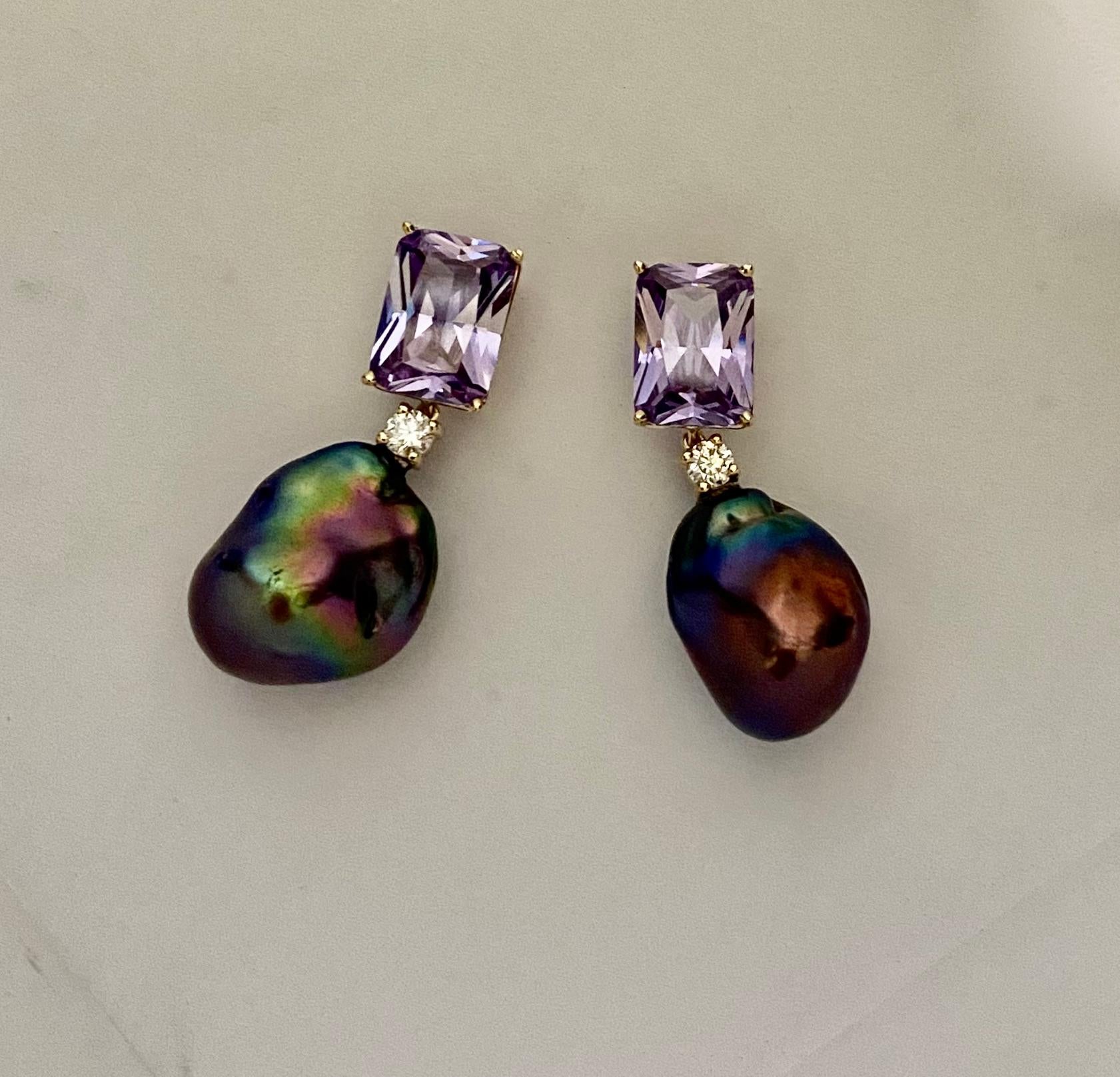 Michael Kneebone Rose de France Amethyst Black Baroque Pearl Dangle Earrings In New Condition For Sale In Austin, TX