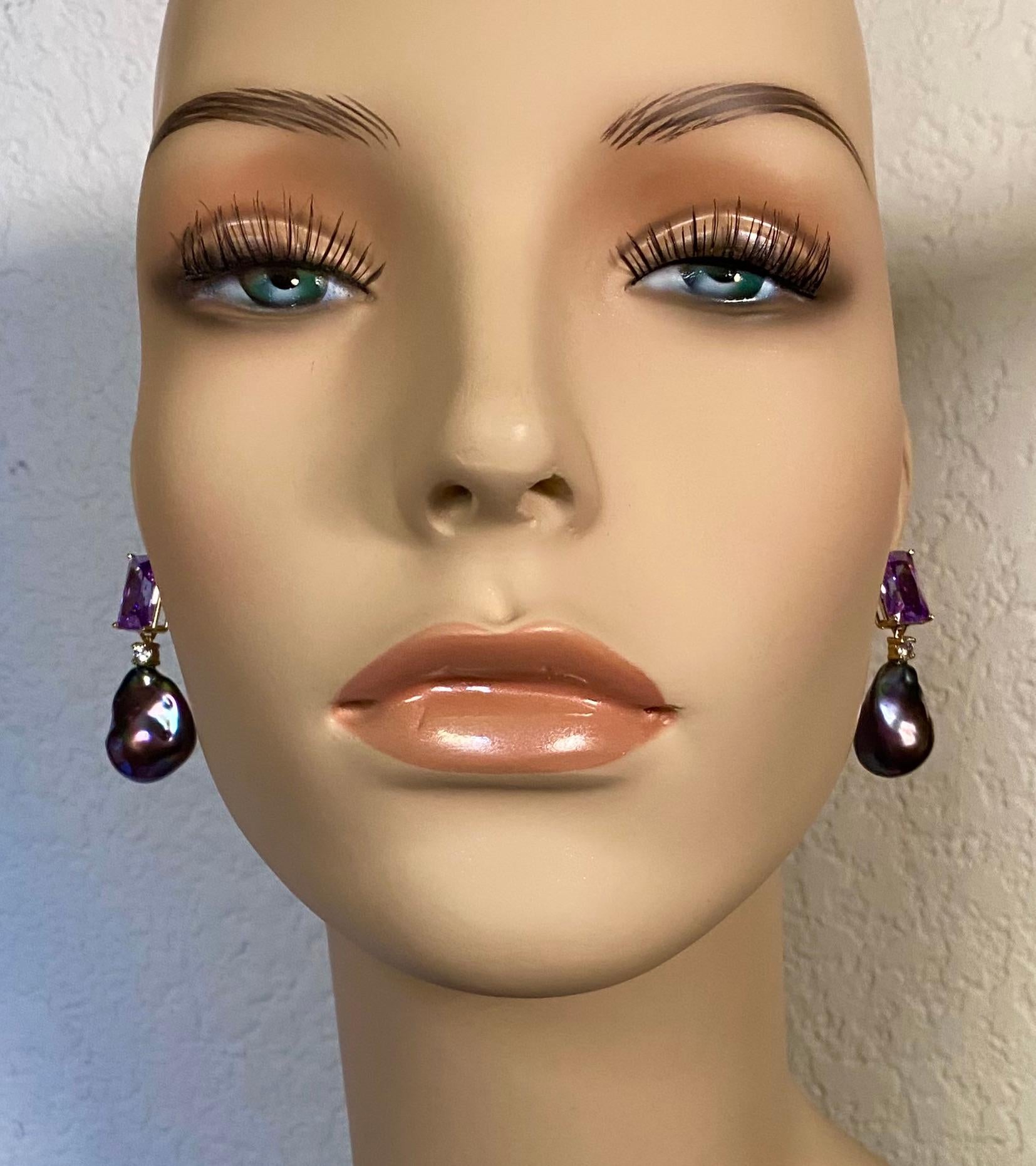 Women's Michael Kneebone Rose de France Amethyst Black Baroque Pearl Dangle Earrings For Sale