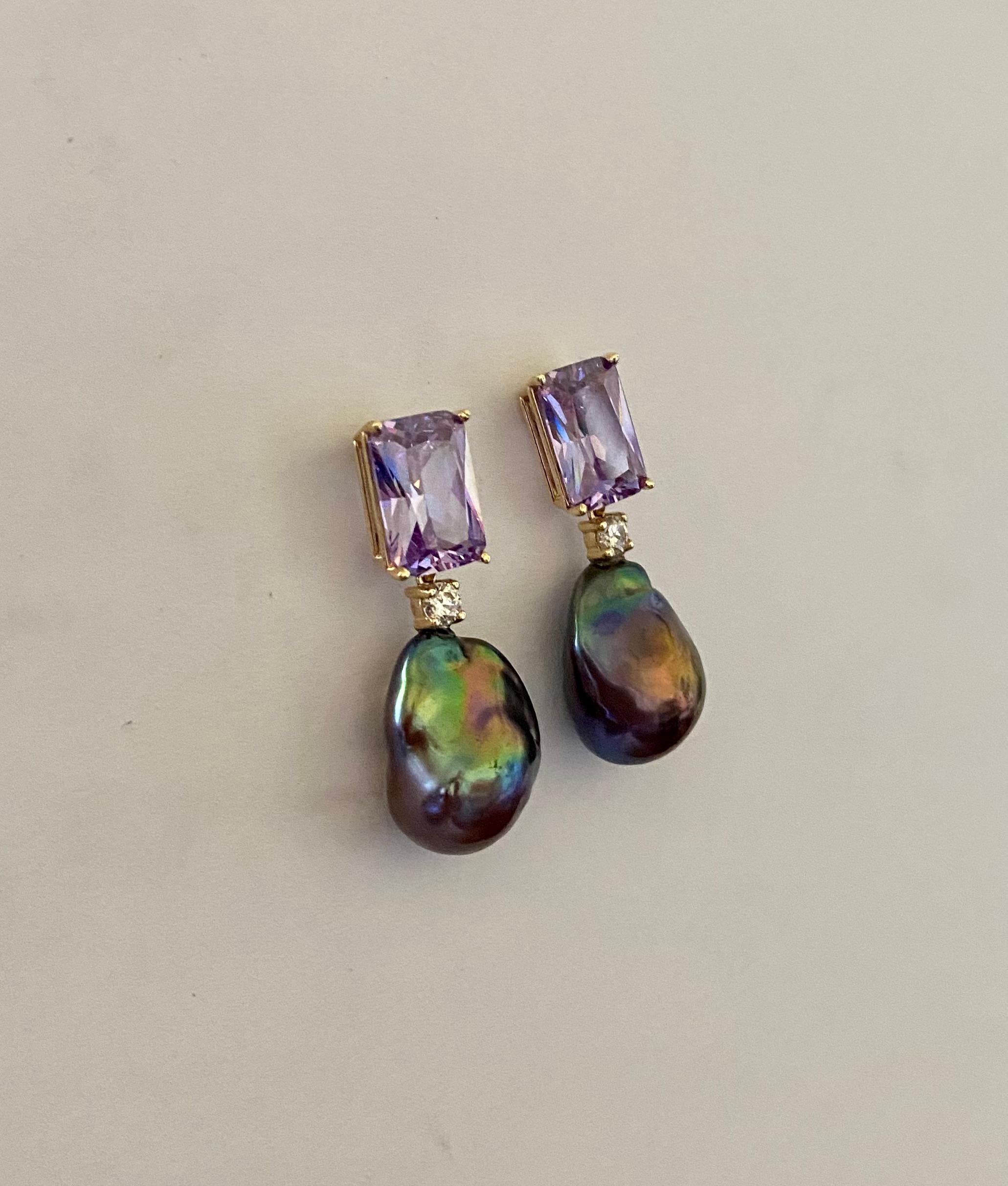 Michael Kneebone Rose de France Amethyst Black Baroque Pearl Dangle Earrings For Sale 1