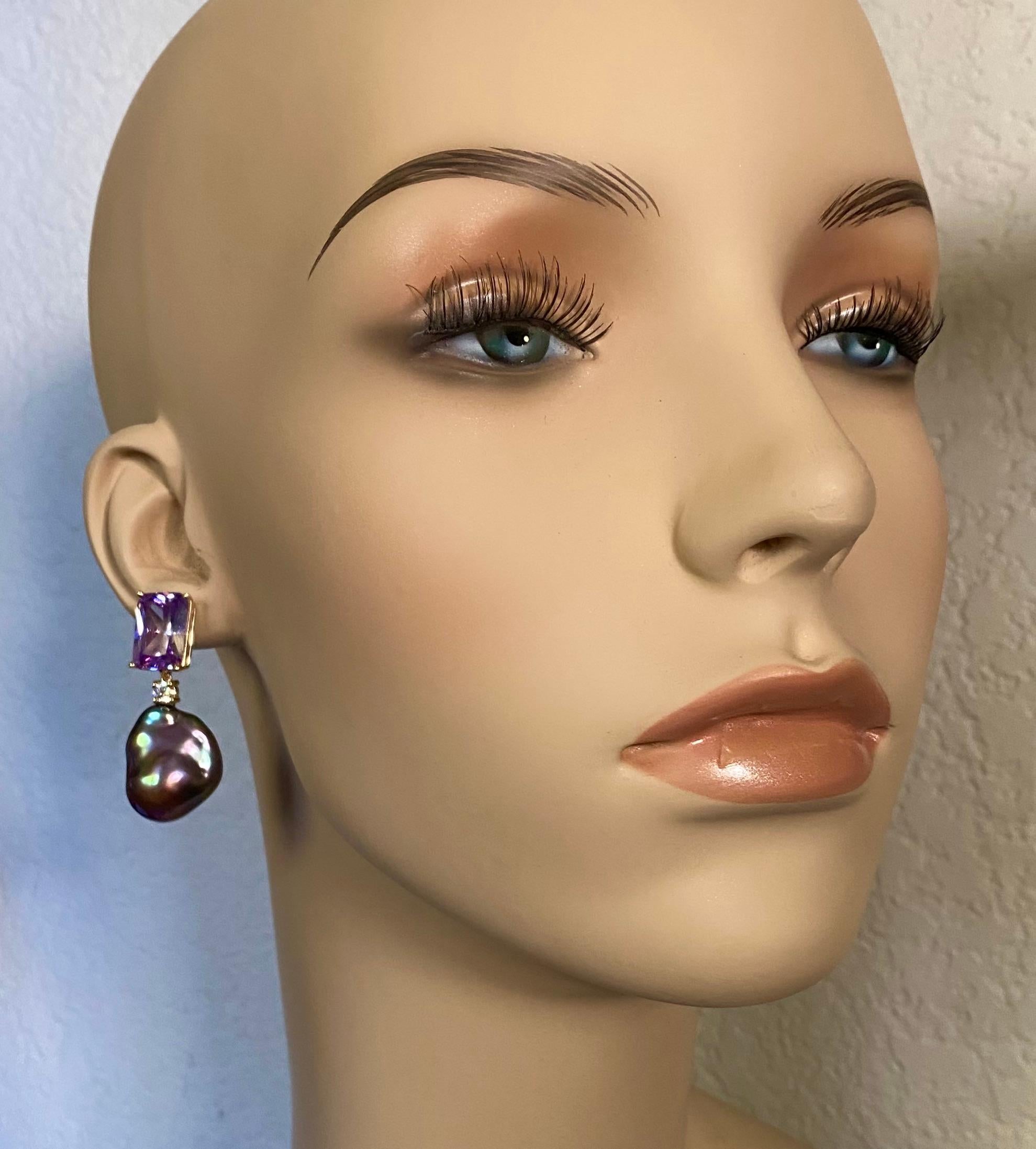 Michael Kneebone Rose de France Amethyst Black Baroque Pearl Dangle Earrings For Sale 2