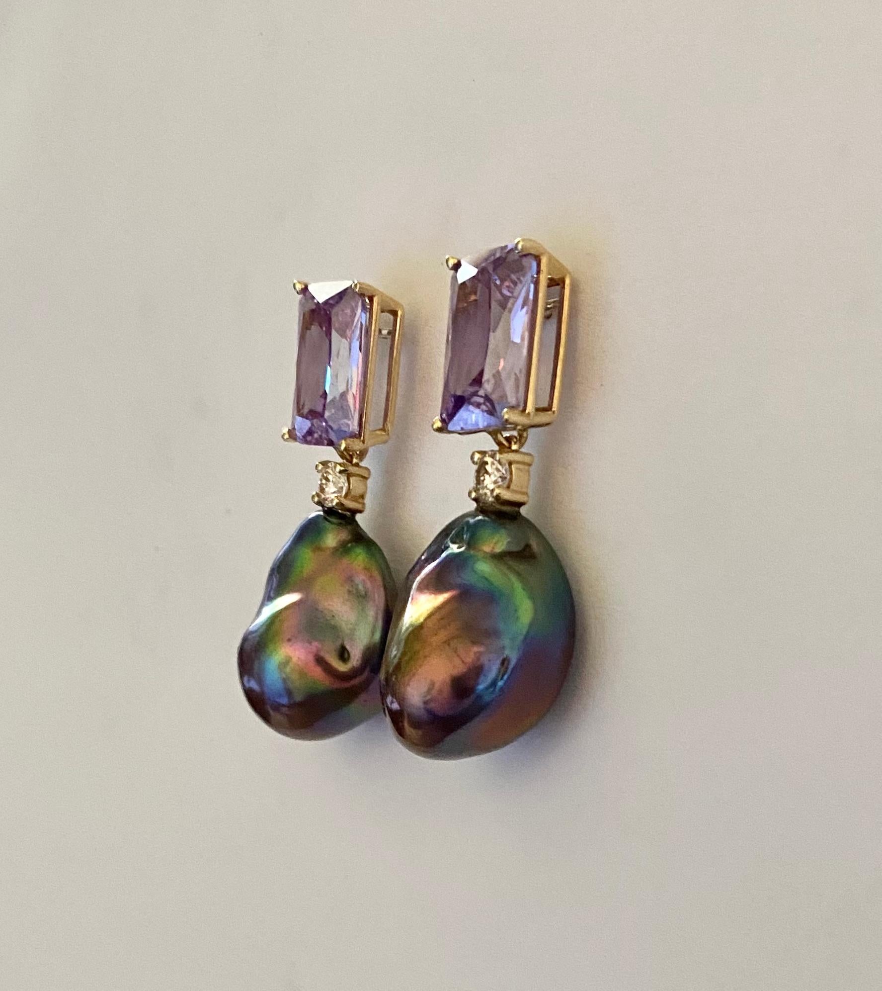 Michael Kneebone Rose de France Amethyst Black Baroque Pearl Dangle Earrings For Sale 3