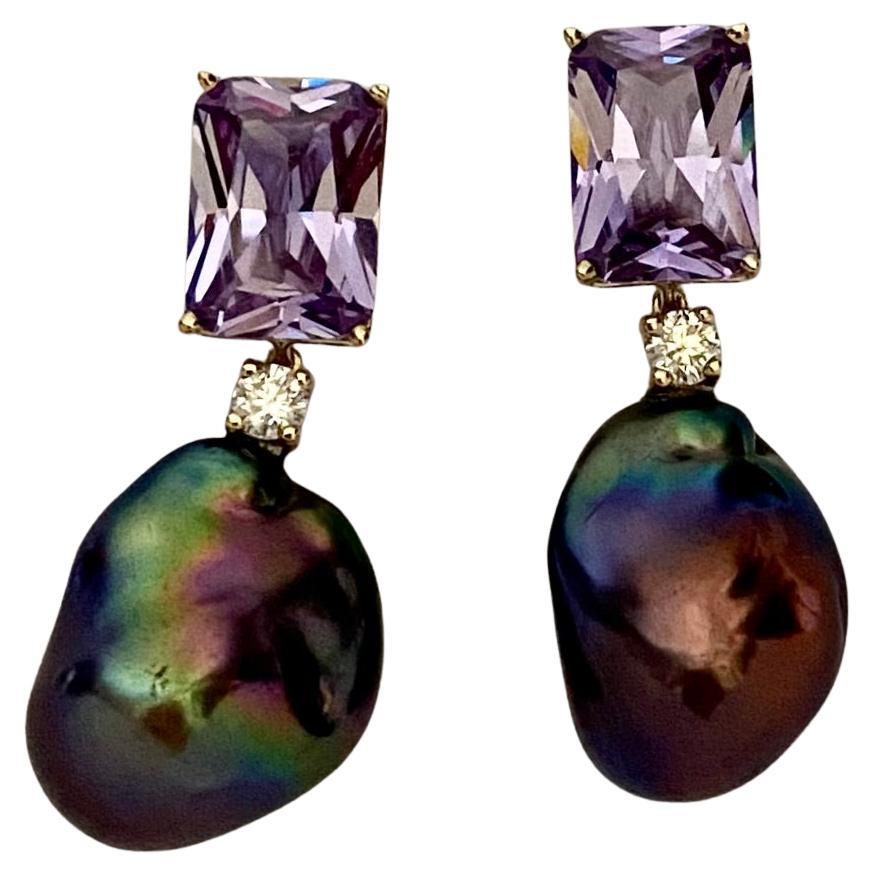 Michael Kneebone Rose de France Amethyst Black Baroque Pearl Dangle Earrings
