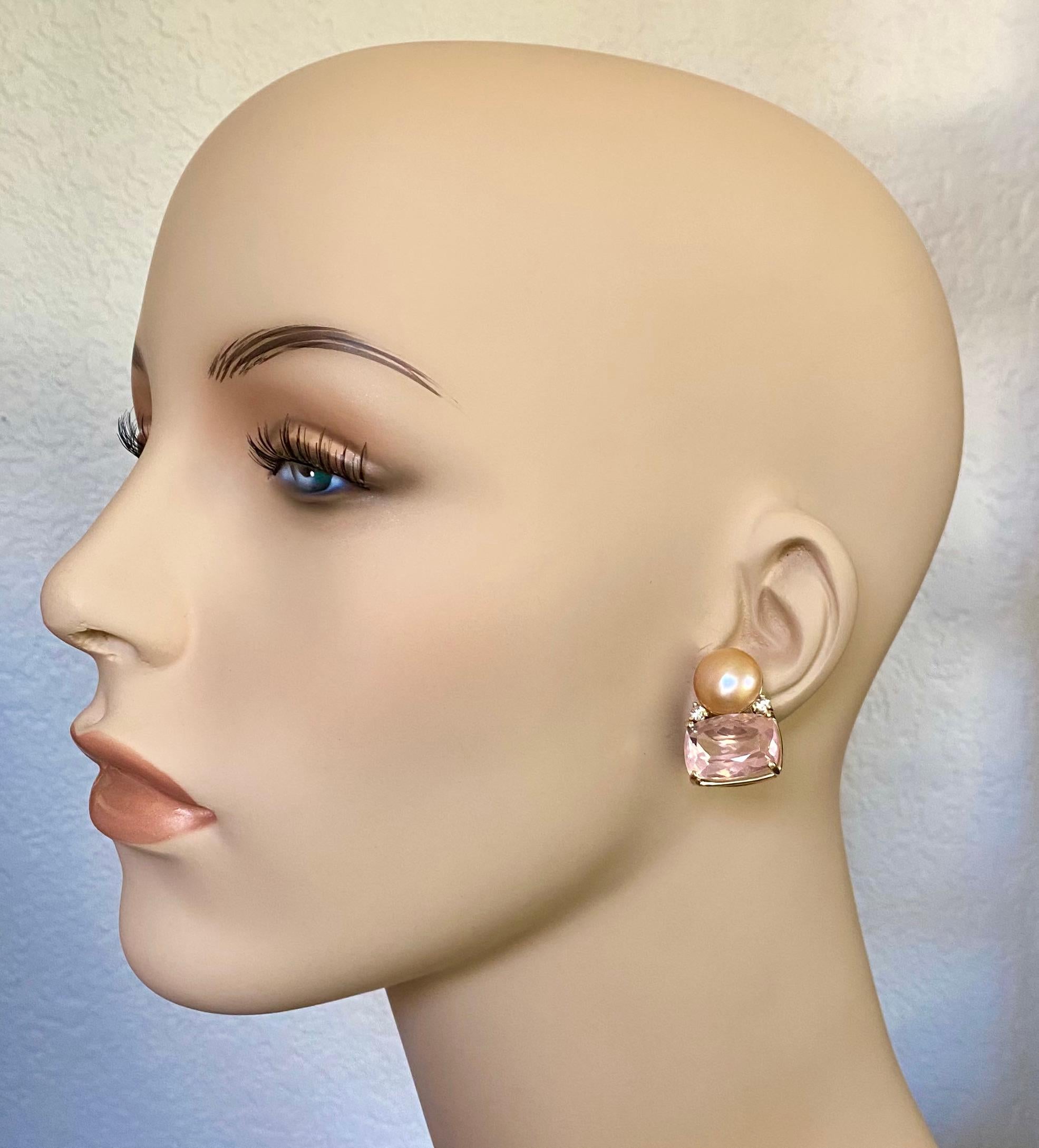 Mixed Cut Michael Kneebone Rose Quartz Pearl Diamond Drop Earrings