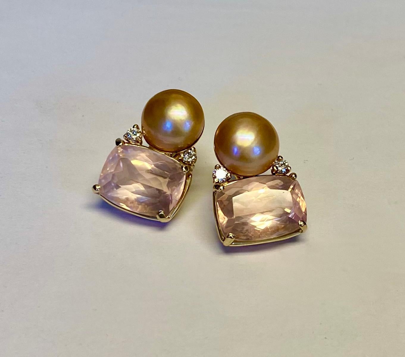 Michael Kneebone Rose Quartz Pearl Diamond Drop Earrings In New Condition In Austin, TX