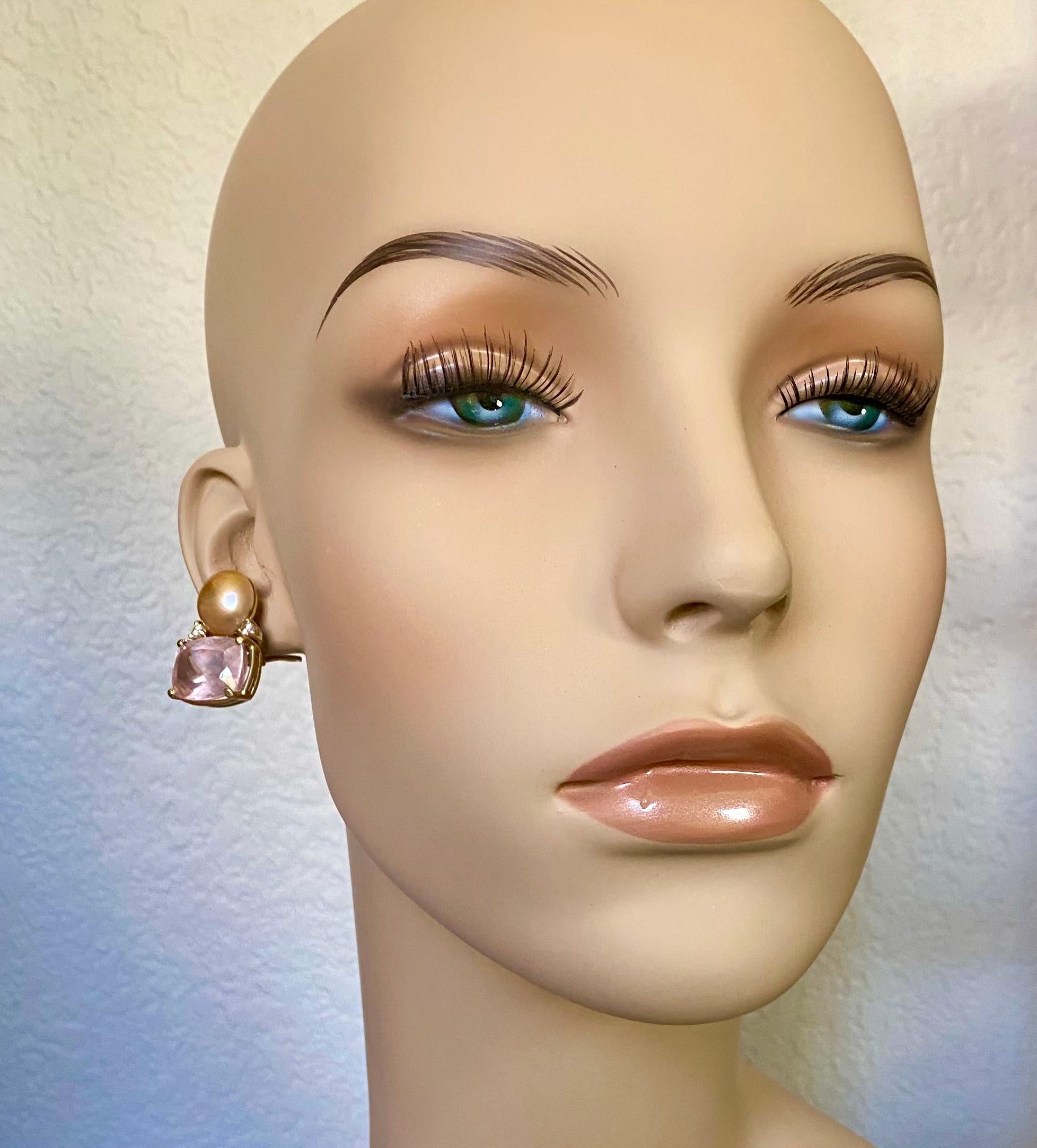 Michael Kneebone Rose Quartz Pearl Diamond Drop Earrings 2