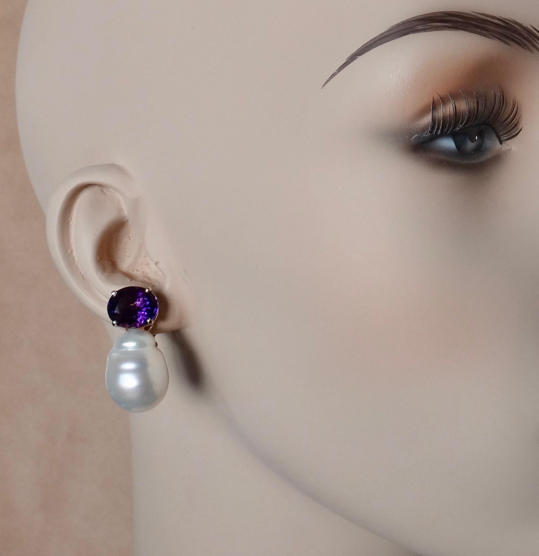 Michael Kneebone Royal Amethyst Baroque South Seas Pearl Drop Earrings For Sale 1