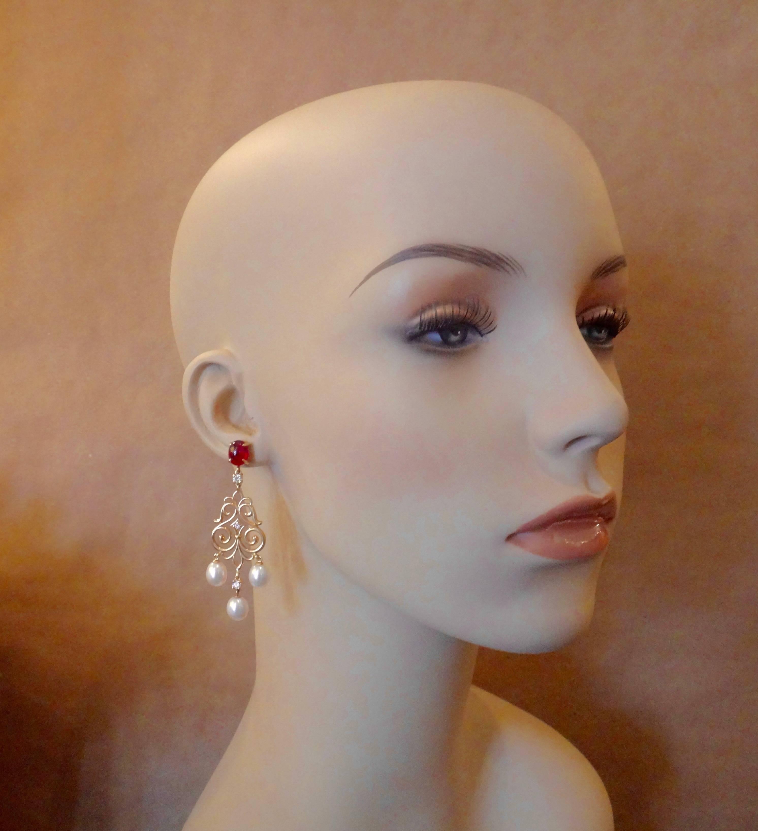 Women's Michael Kneebone  Rubelite Tourmaline Diamond Pearl Filigree Dangle Earrings