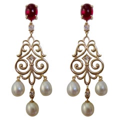 Michael Kneebone Rubelite Tourmaline Diamond Pearl Filigree Dangle Earrings