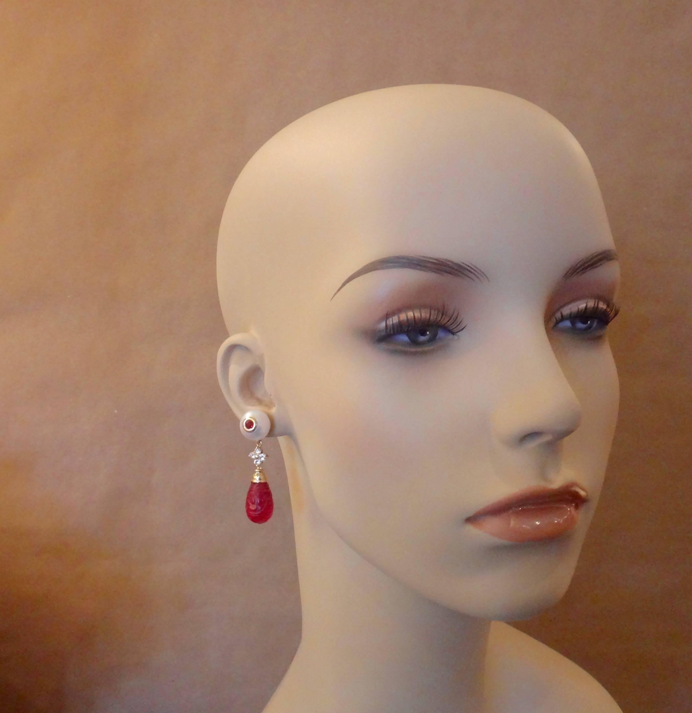Michael Kneebone Rubellite Pearl Diamond Red Topaz Dangle Earrings In Excellent Condition In Austin, TX