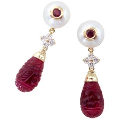Michael Kneebone Rubellite Pearl Diamond Red Topaz Dangle Earrings