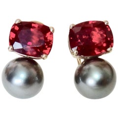 Michael Kneebone Rubellite Tourmaline Tahitian Pearl Drop Earrings