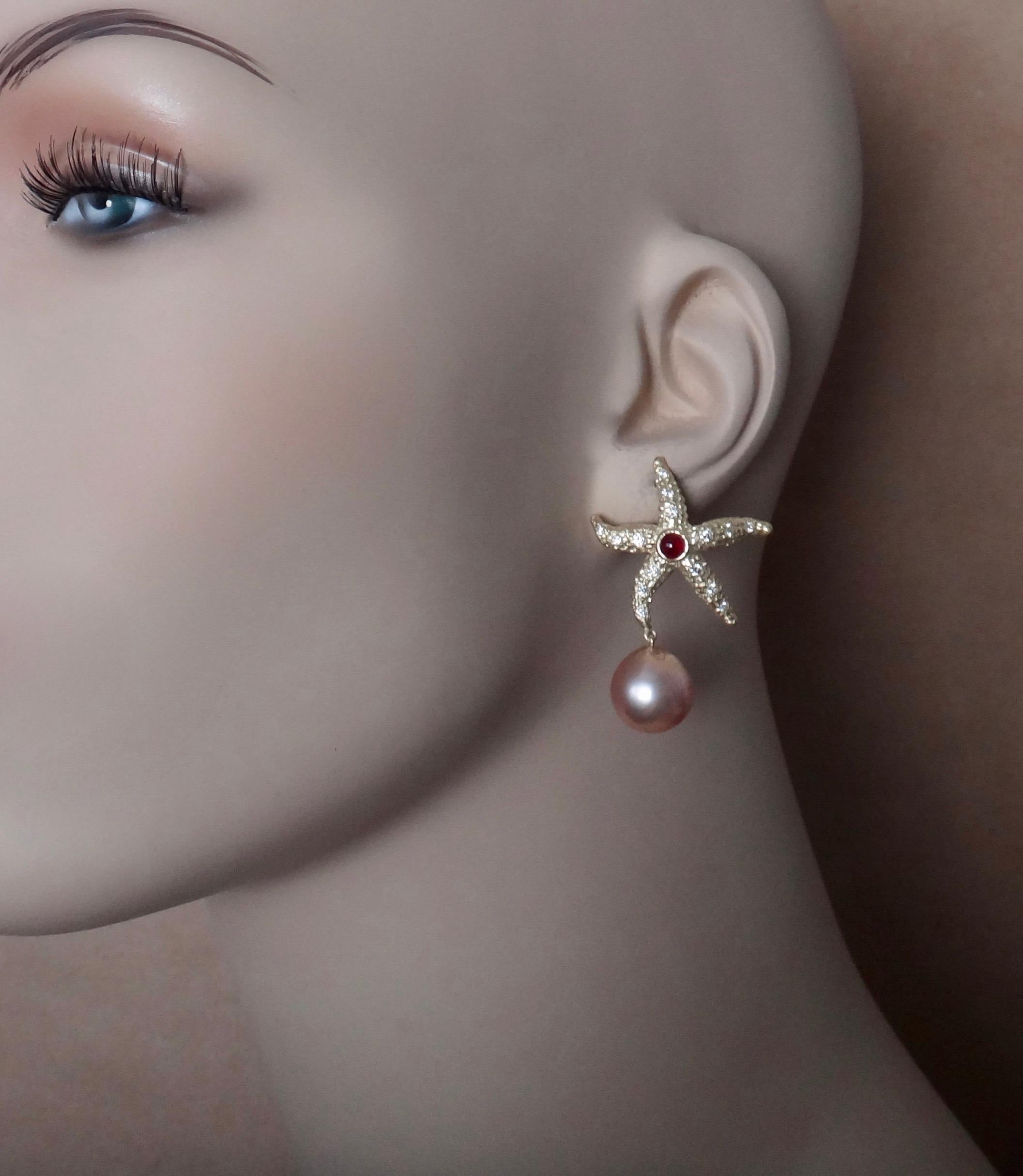 Michael Kneebone Ruby Diamond Kasumi Pearl Starfish Earrings For Sale 3