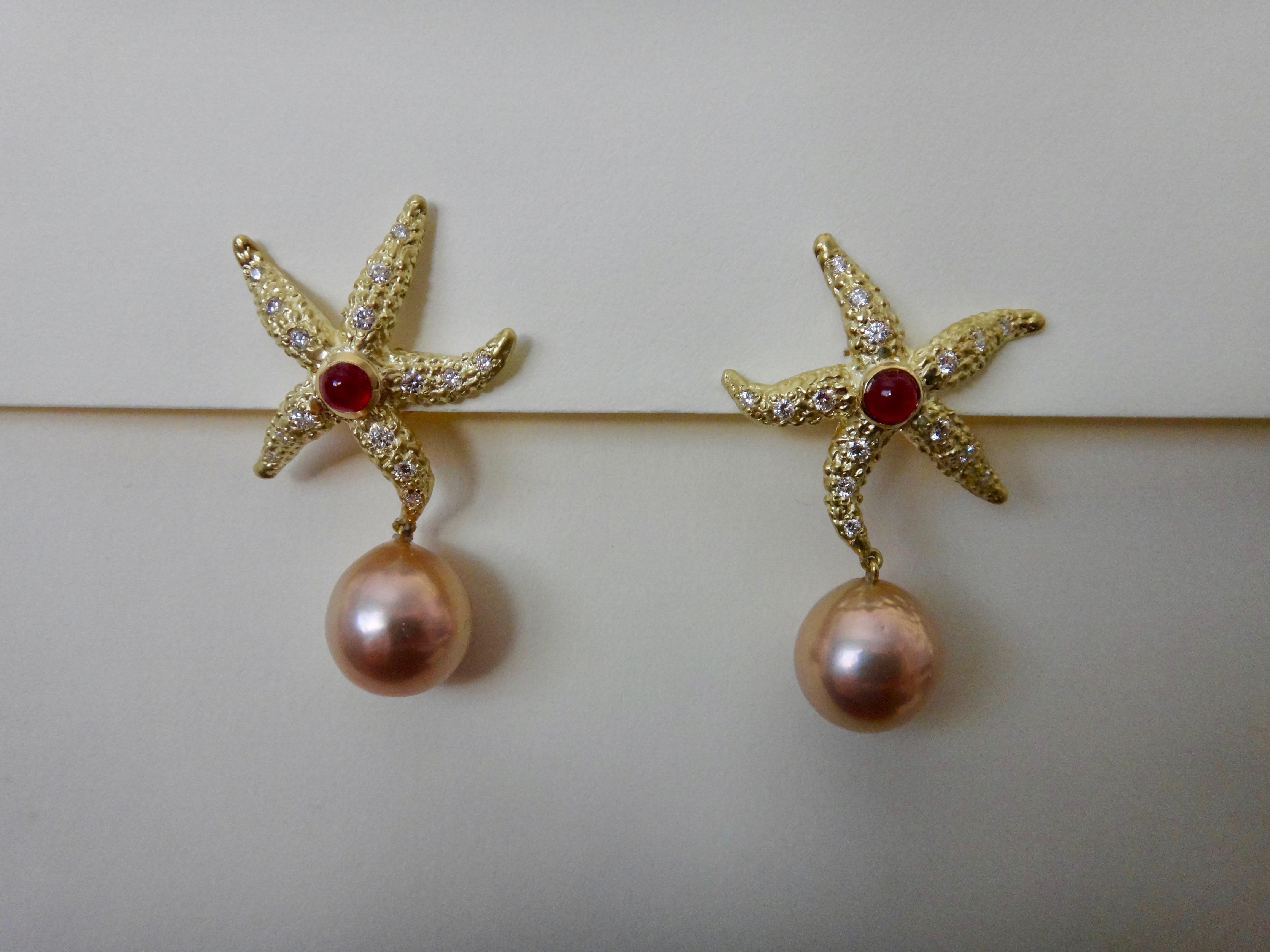 Michael Kneebone Ruby Diamond Kasumi Pearl Starfish Earrings For Sale 4