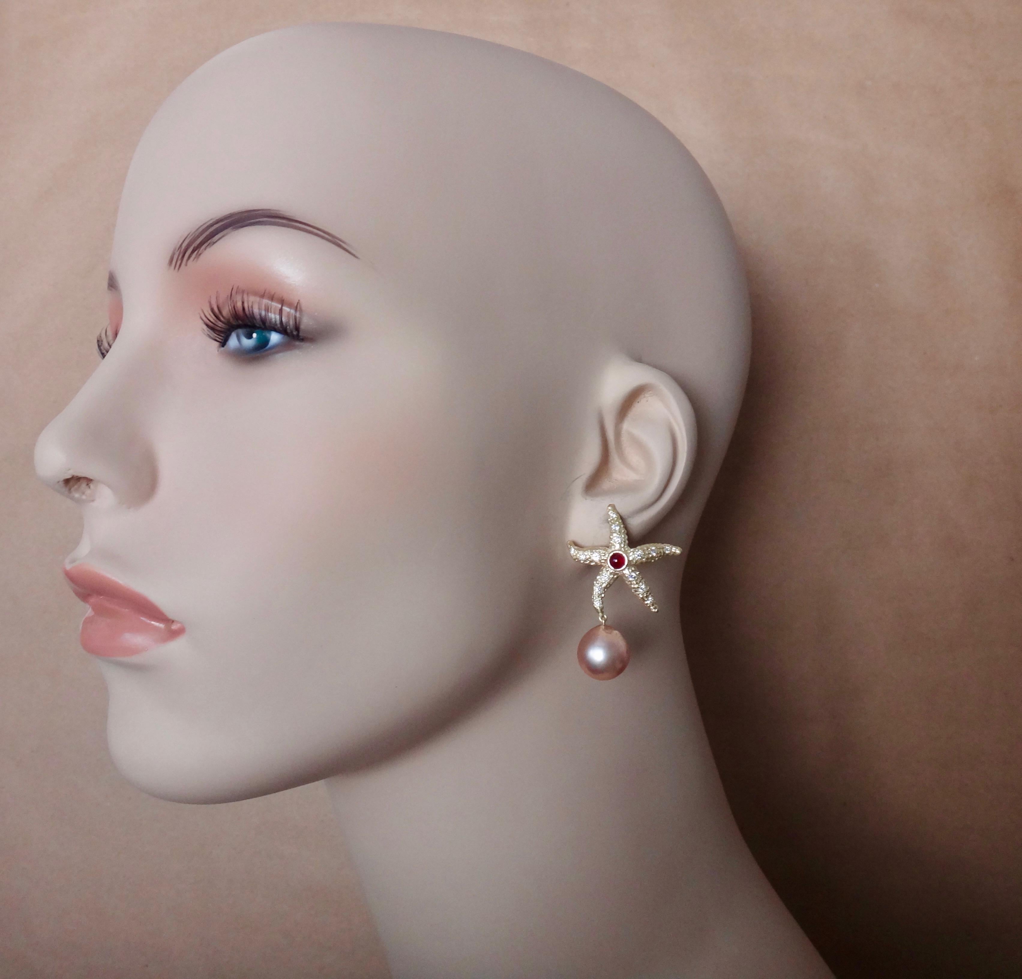 Contemporary Michael Kneebone Ruby Diamond Kasumi Pearl Starfish Earrings For Sale