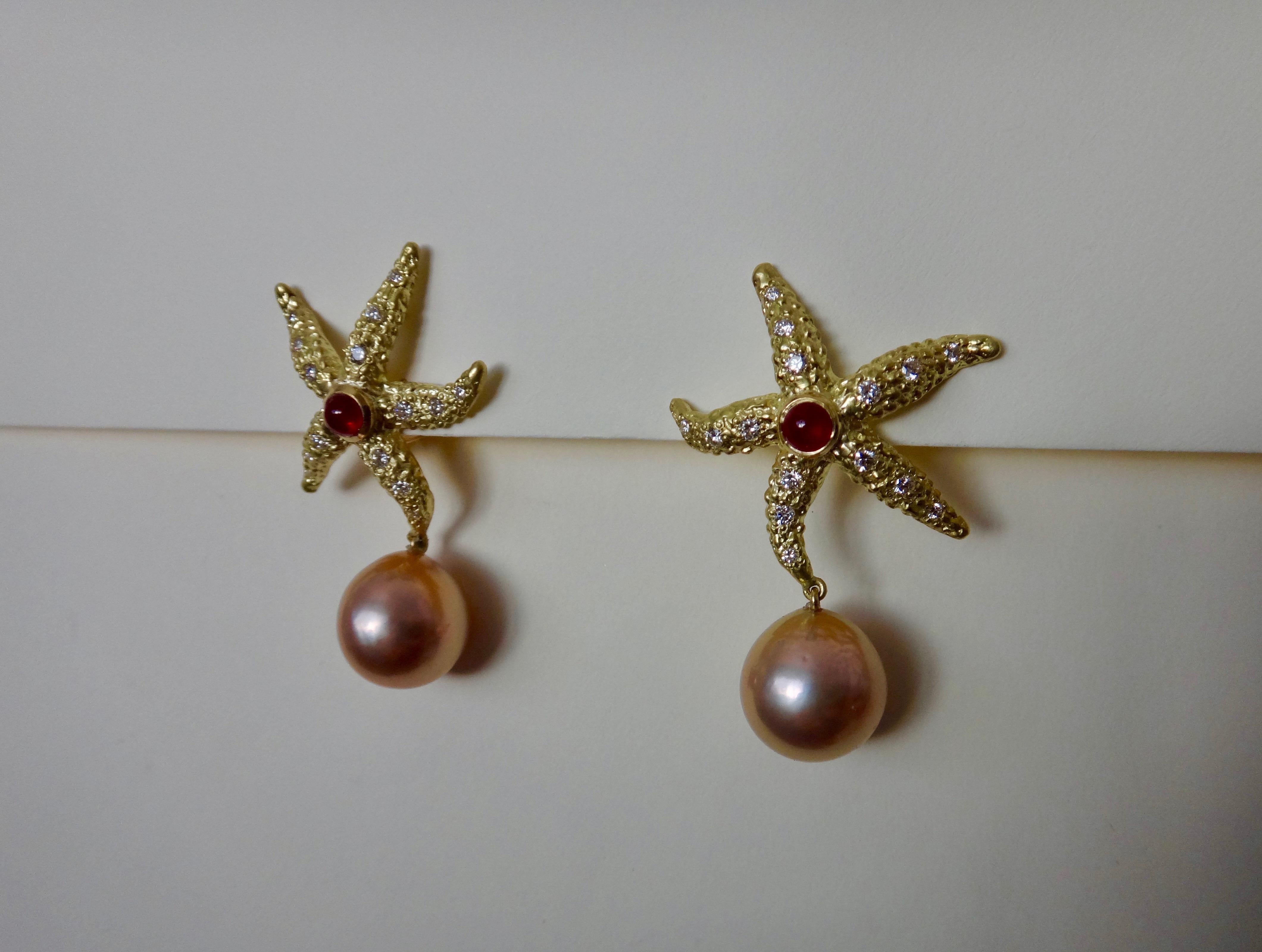 Mixed Cut Michael Kneebone Ruby Diamond Kasumi Pearl Starfish Earrings For Sale