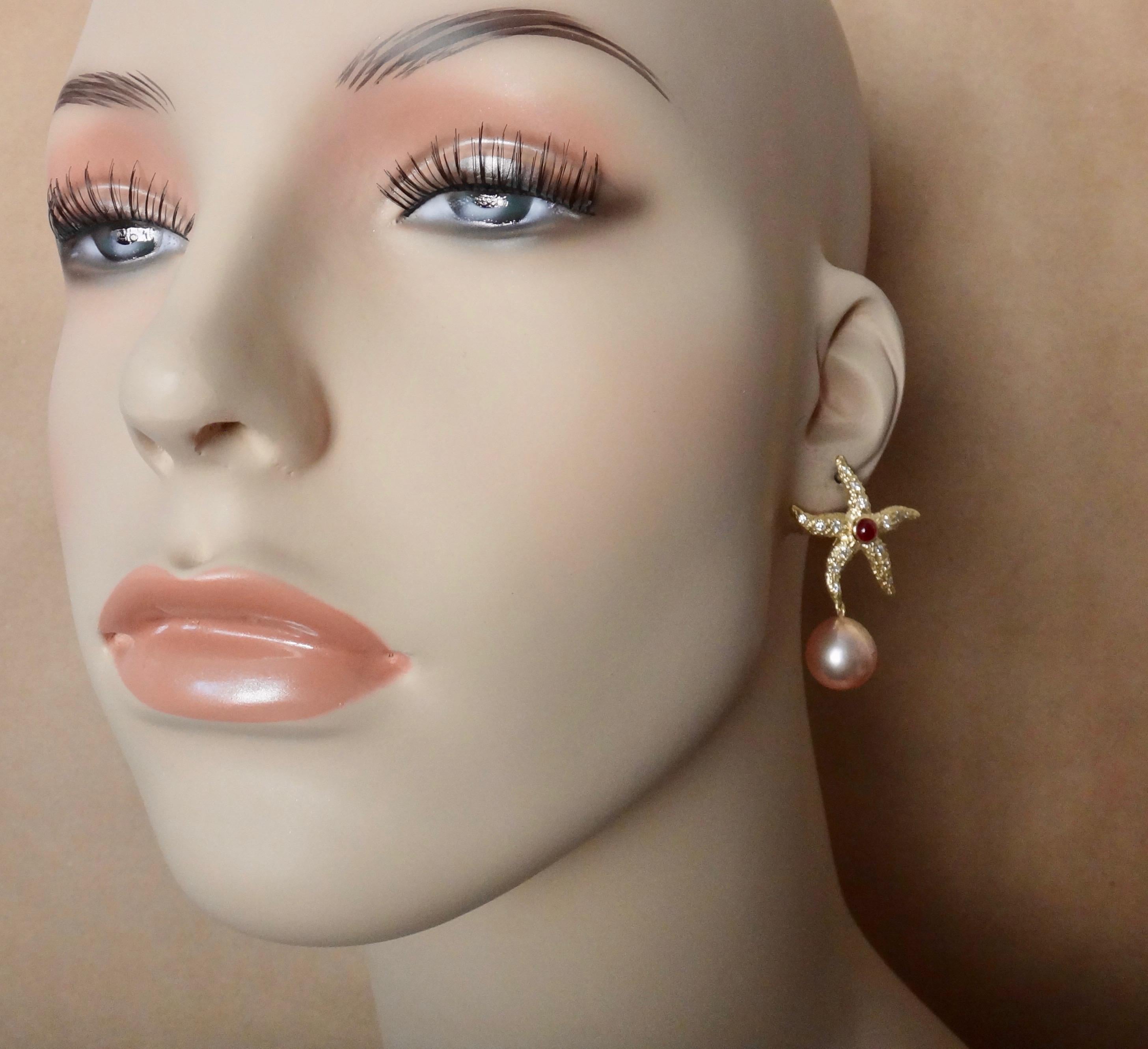 Michael Kneebone Ruby Diamond Kasumi Pearl Starfish Earrings In New Condition For Sale In Austin, TX