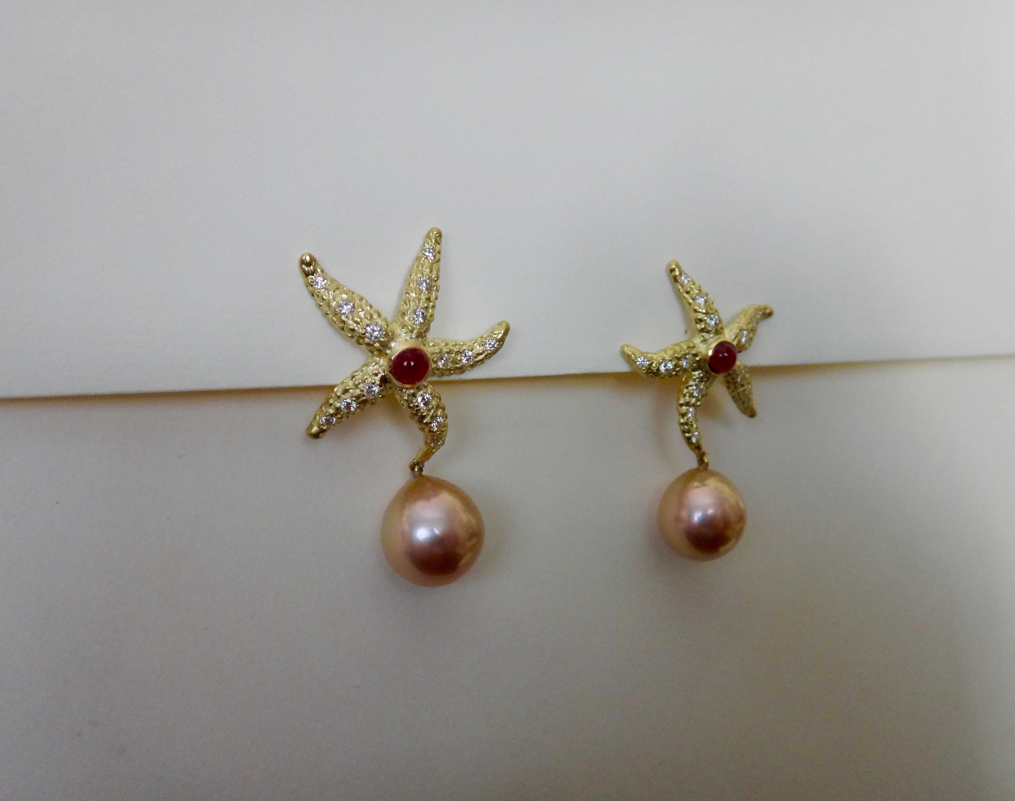 Women's Michael Kneebone Ruby Diamond Kasumi Pearl Starfish Earrings For Sale
